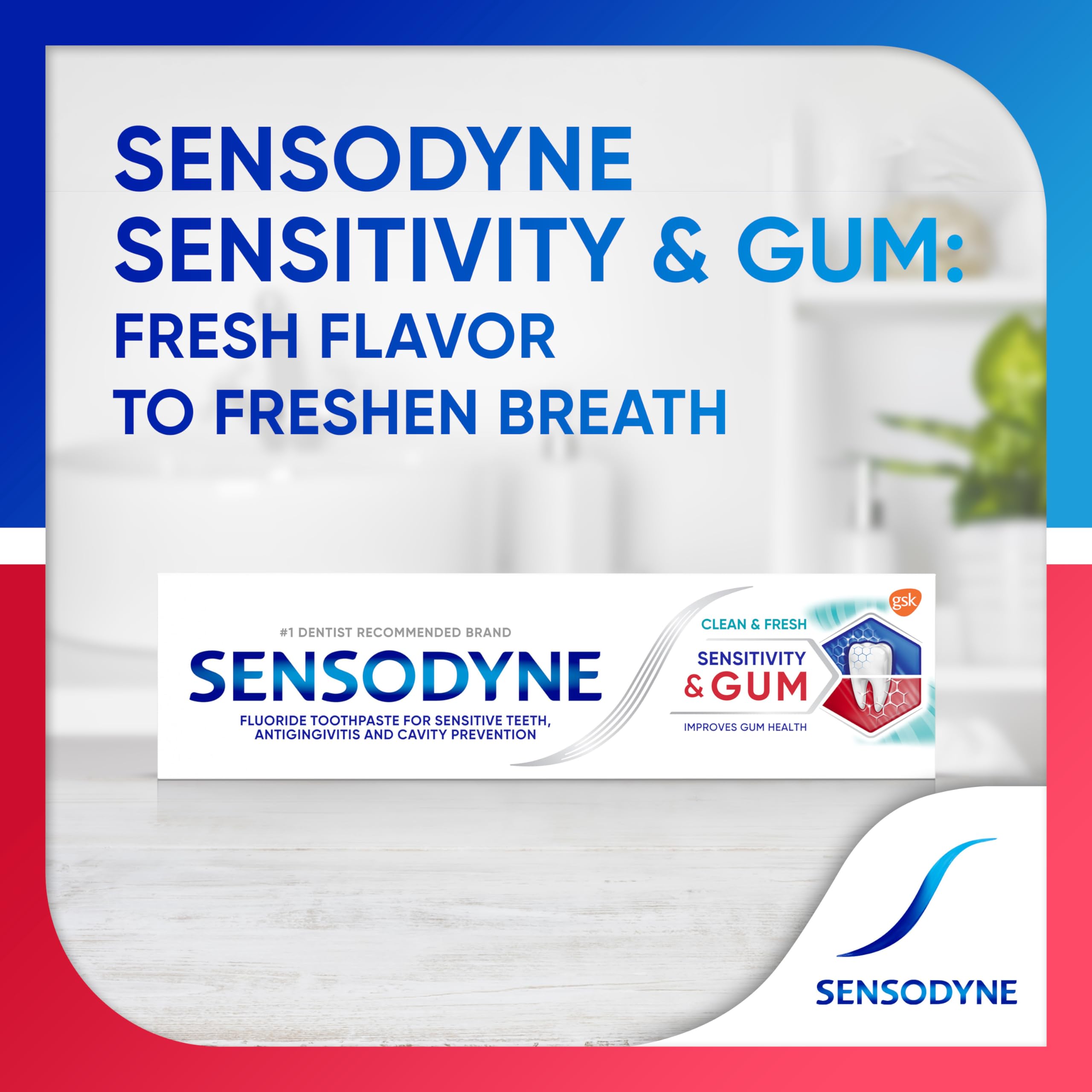 Person brushing with Sensodyne at sink promoting daily use