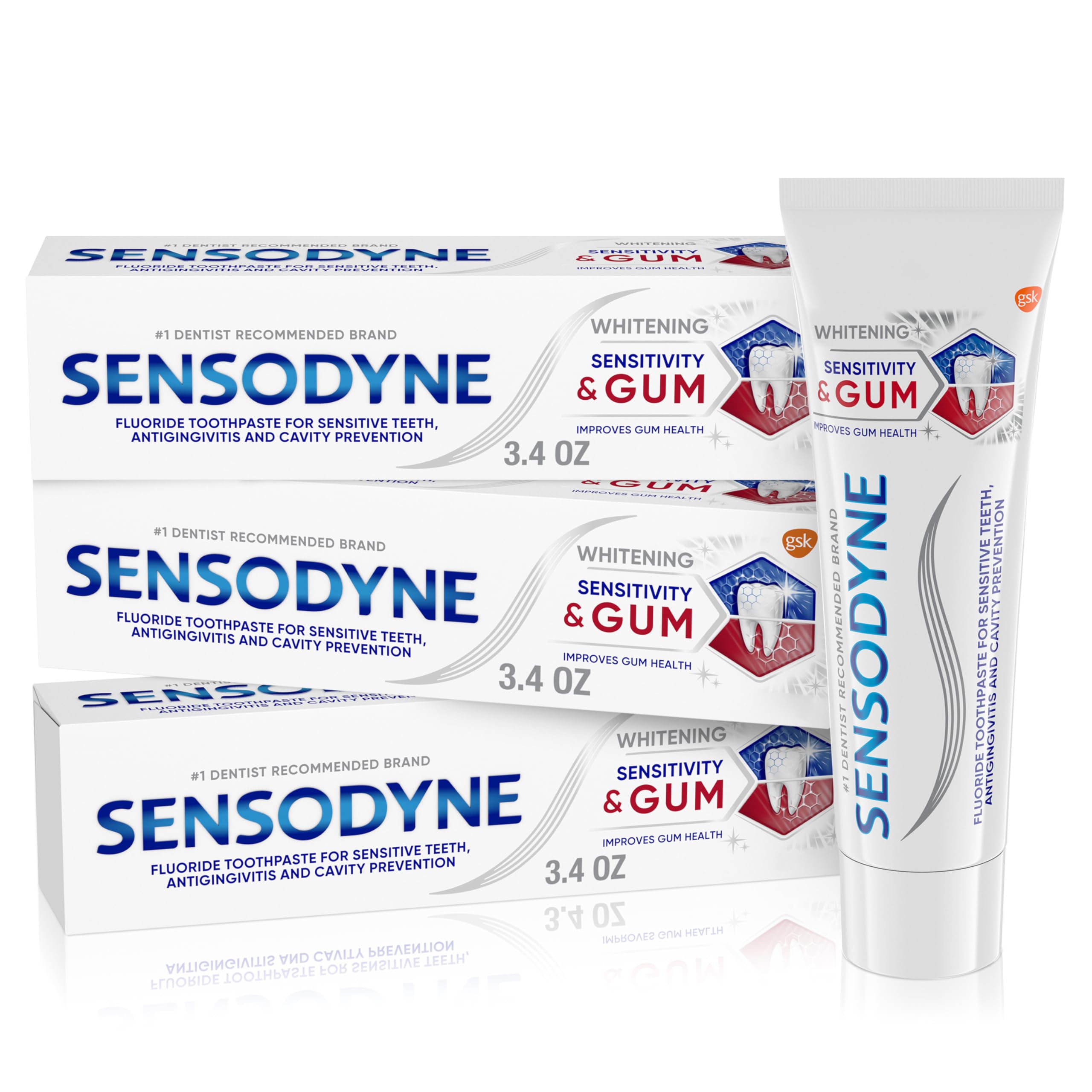 Sensodyne front packaging showing three tubes and benefits