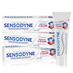 Sensodyne front packaging showing three tubes and benefits
