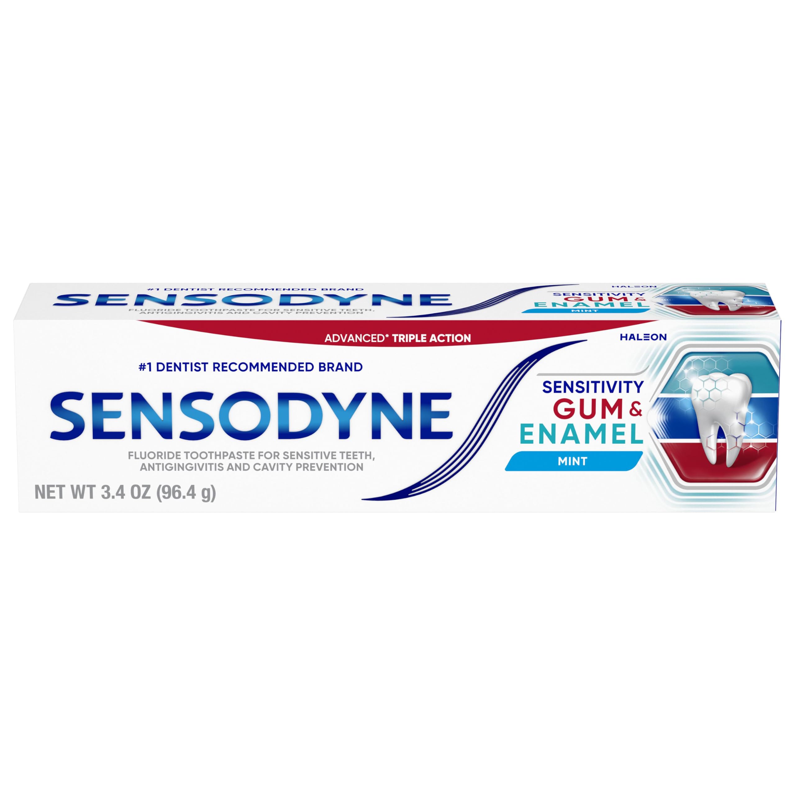 Sensodyne front packaging three-pack showing mint tubes and recyclable carton benefit long-lasting relief