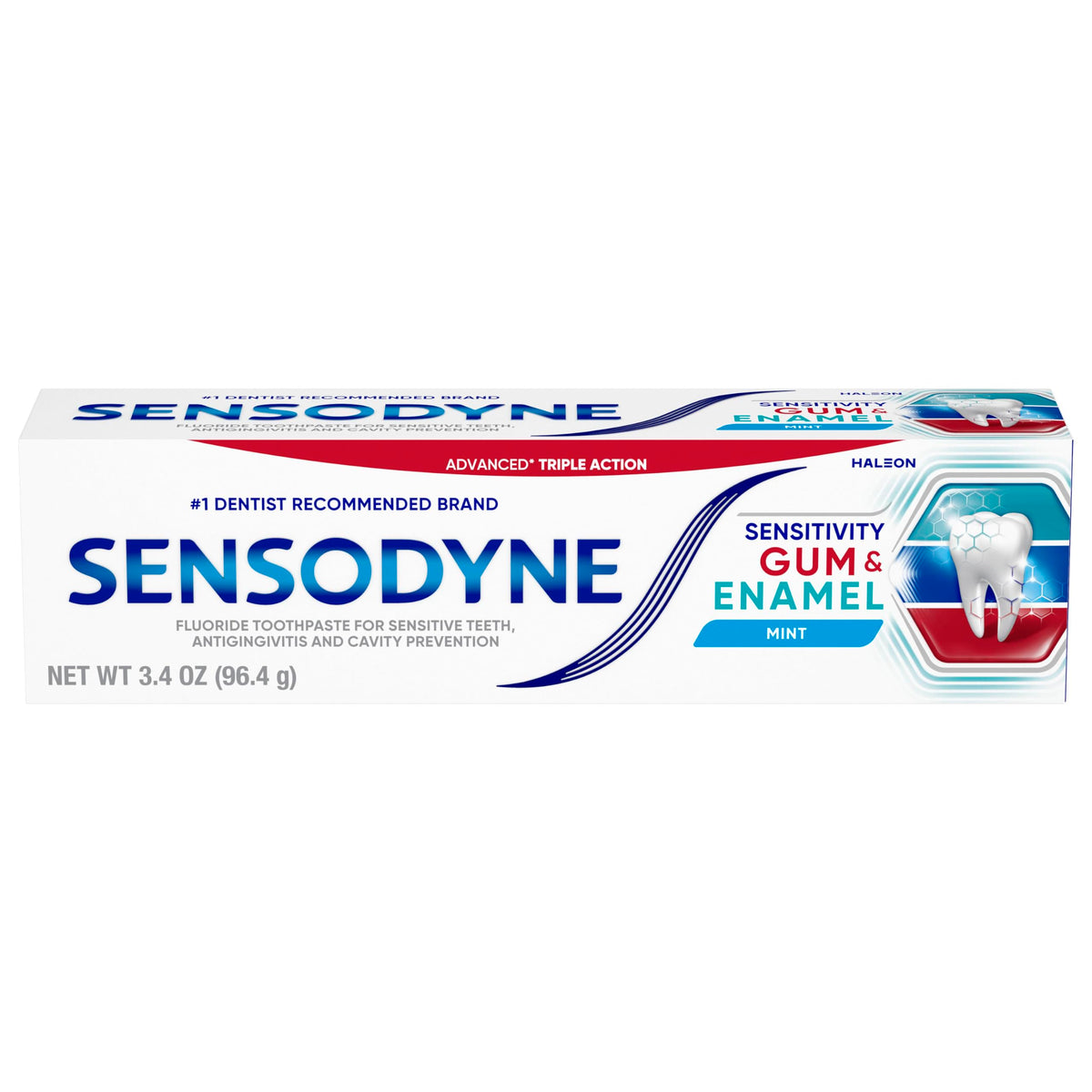 Sensodyne front packaging three-pack showing mint tubes and recyclable carton benefit long-lasting relief