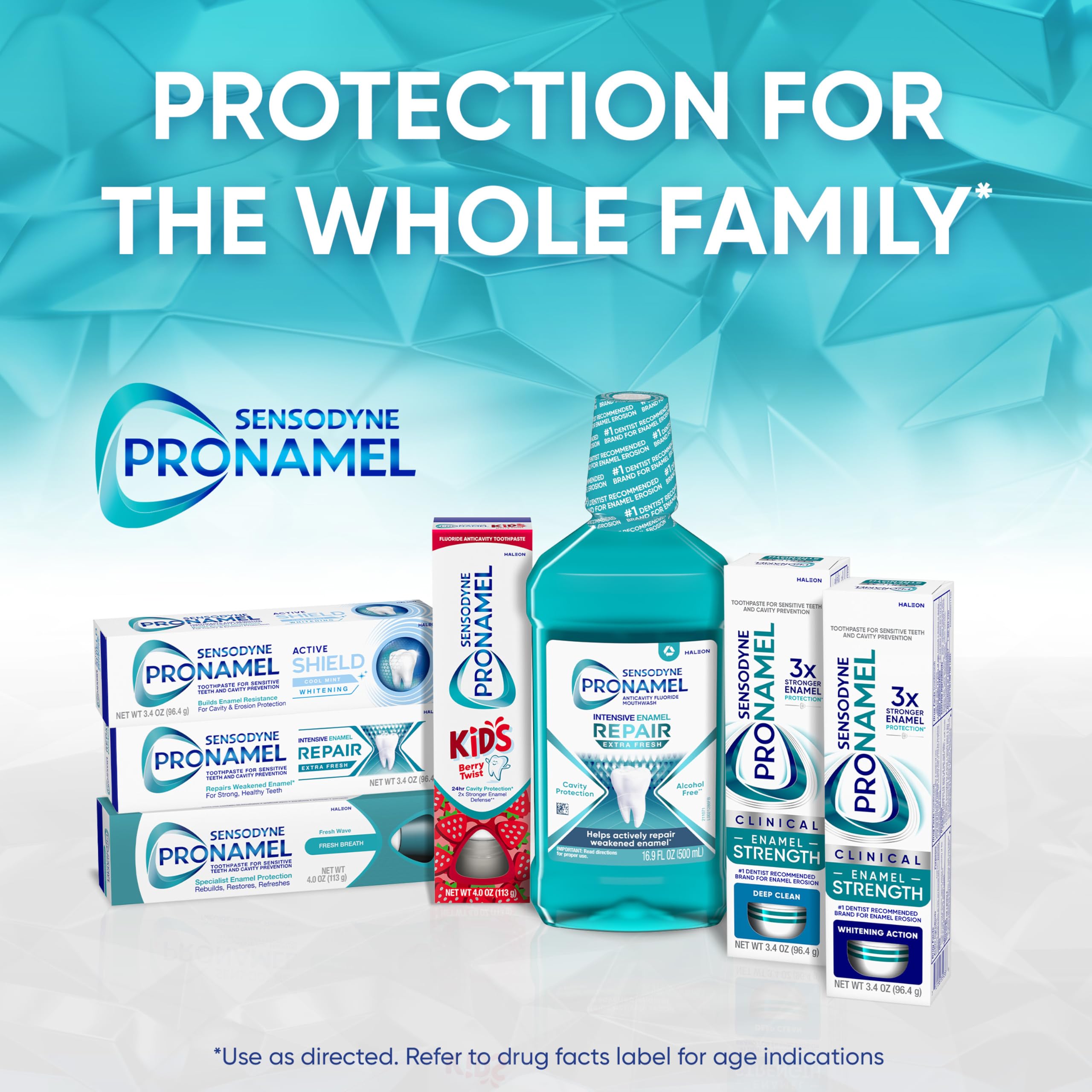 SENSODYNE PRONAMEL bottles on bathroom shelf showing multi-pack value benefit