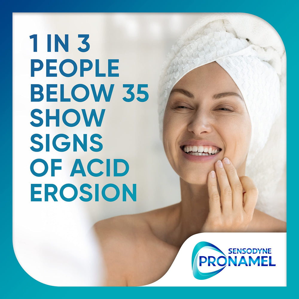 Person brushing with Sensodyne Pronamel demonstrating twice-daily routine benefit
