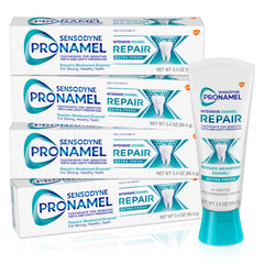 Sensodyne Pronamel front packaging showing four tubes and product benefit