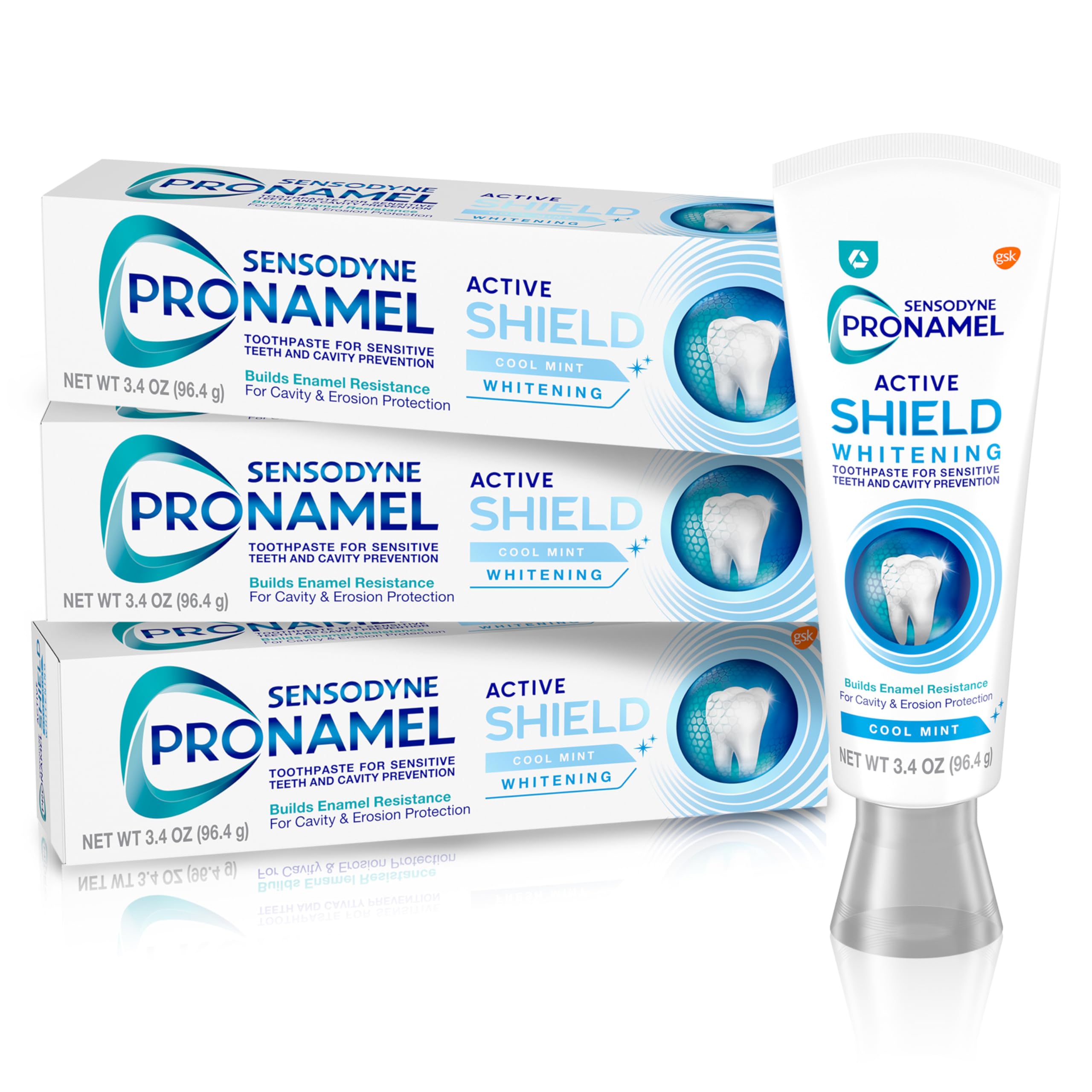 SENSODYNE PRONAMEL front packaging showing three-tube pack and benefits