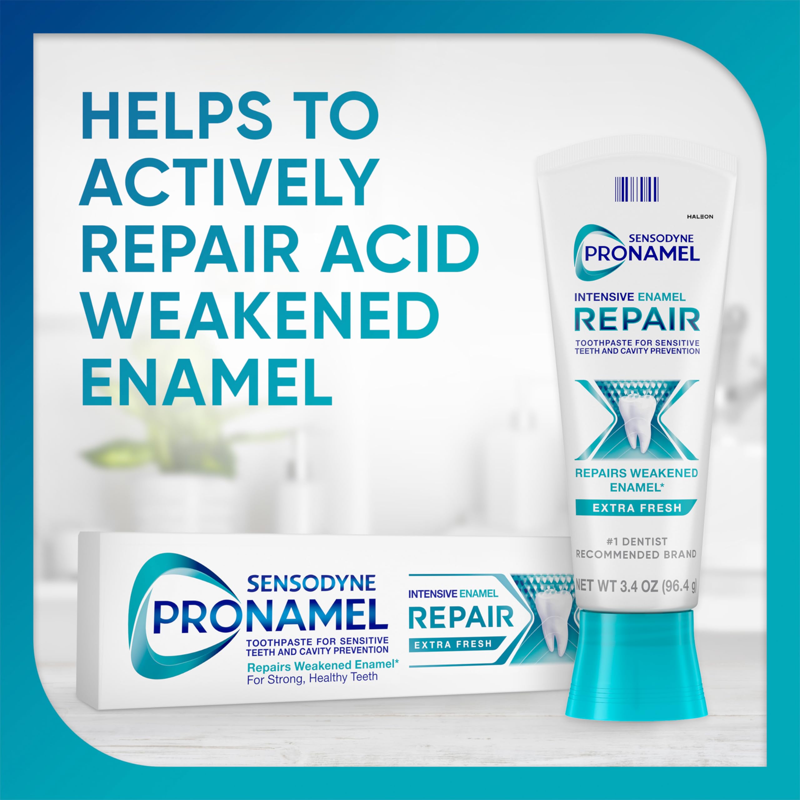 Sensodyne Pronamel tube close-up highlighting the cap and label for easy use