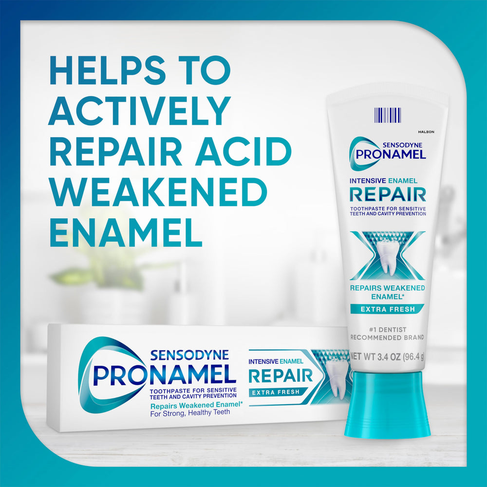 Sensodyne Pronamel tube close-up highlighting the cap and label for easy use