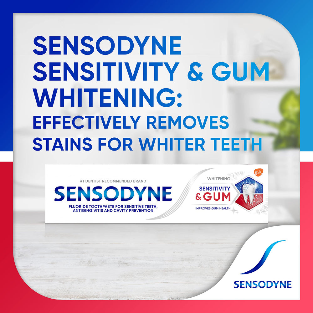 Sensodyne side label highlighting active ingredient and claims