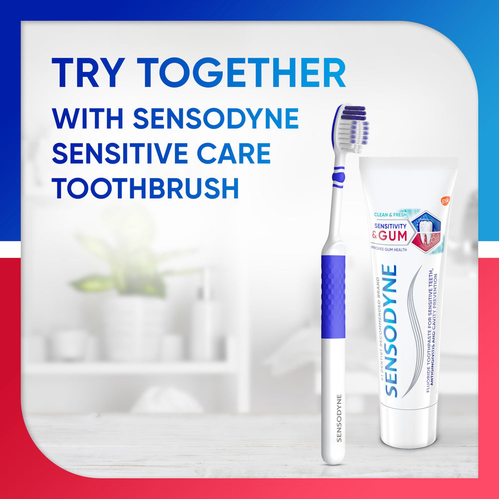 Sensodyne travel tube in toiletry bag for on-the-go oral care