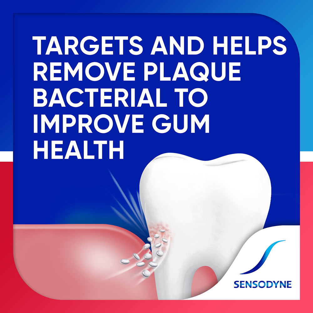 Sensodyne tube on bathroom sink showing daily use convenience