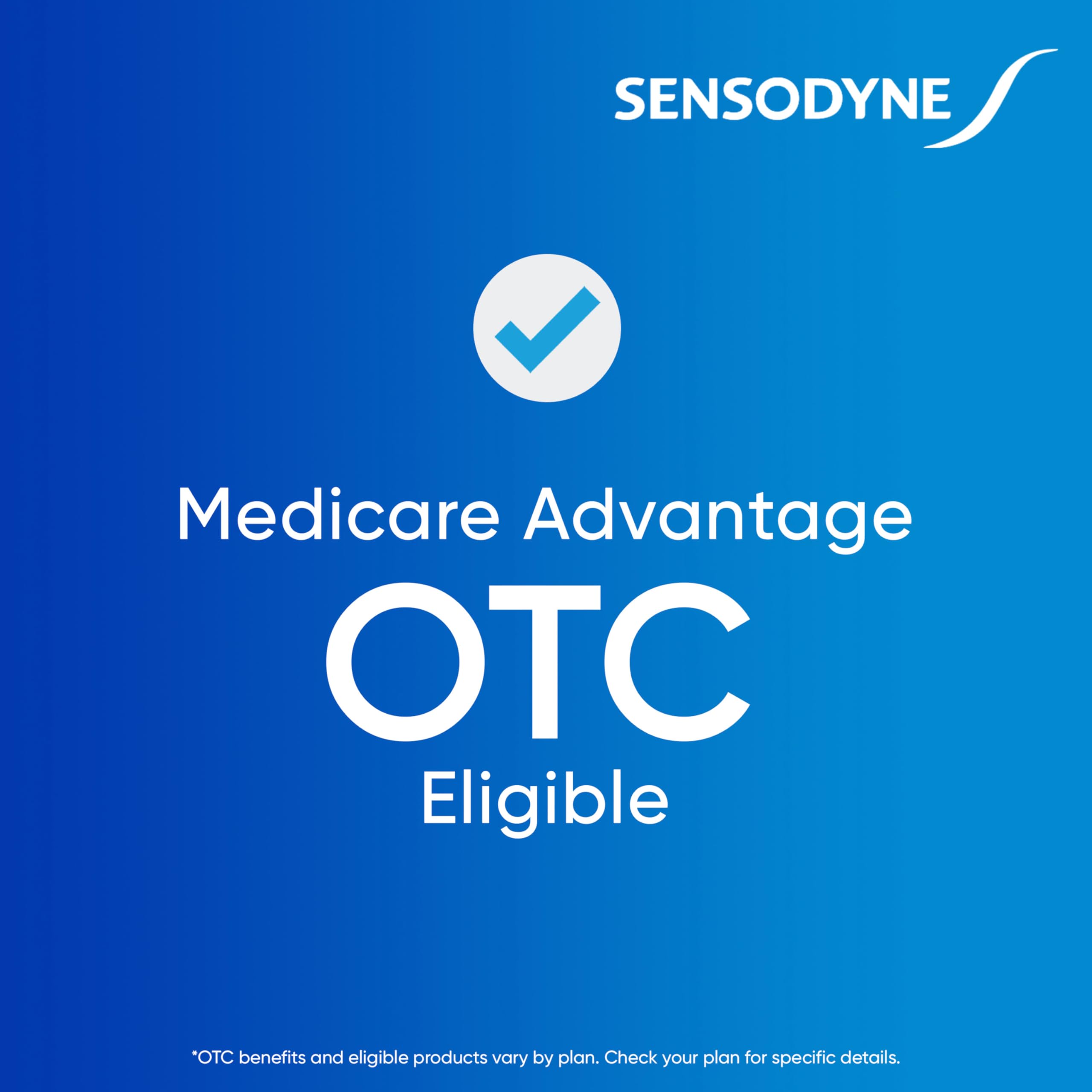 Sensodyne tube beside a coin to show 3.4 oz scale and portable supply benefit