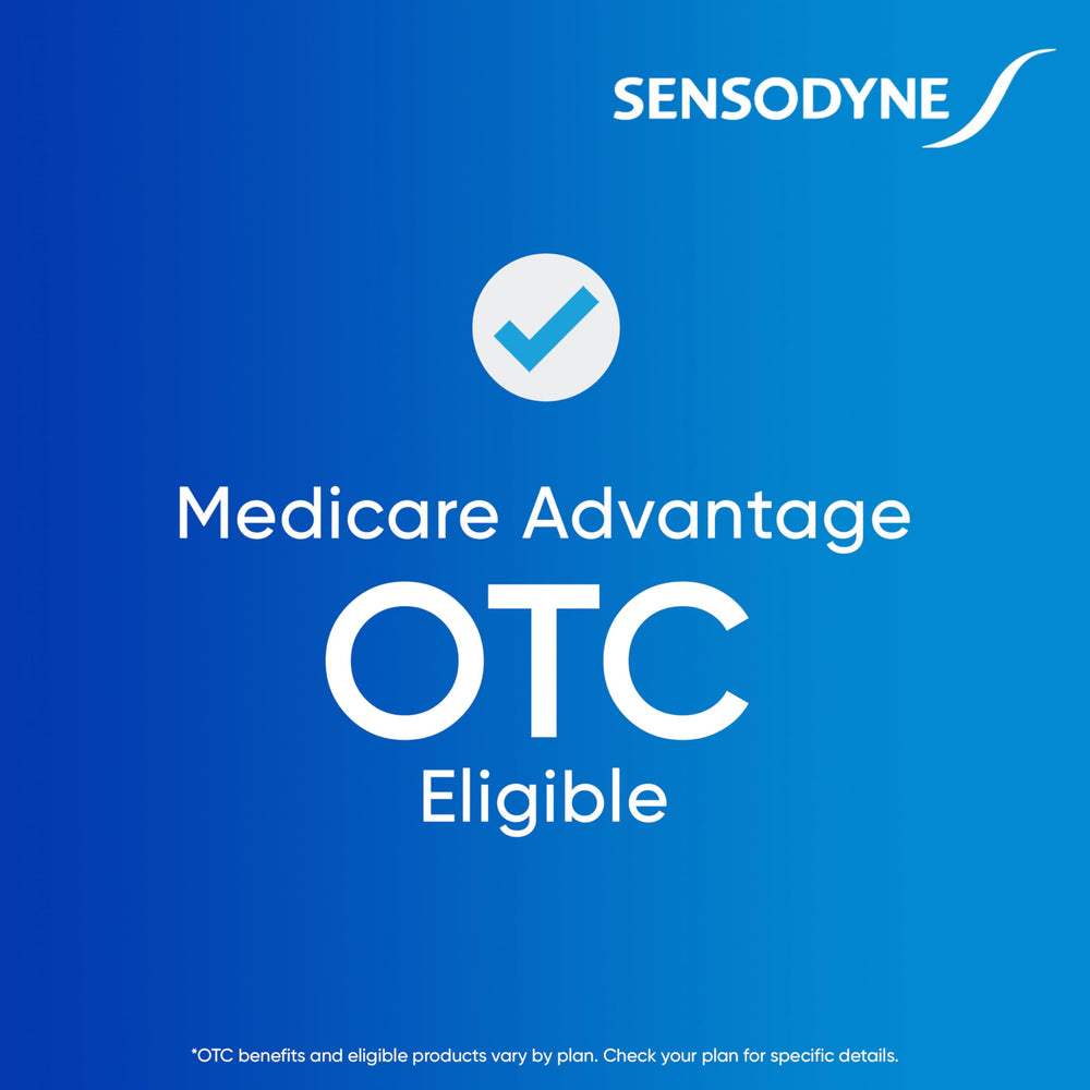 Sensodyne tube beside a coin to show 3.4 oz scale and portable supply benefit
