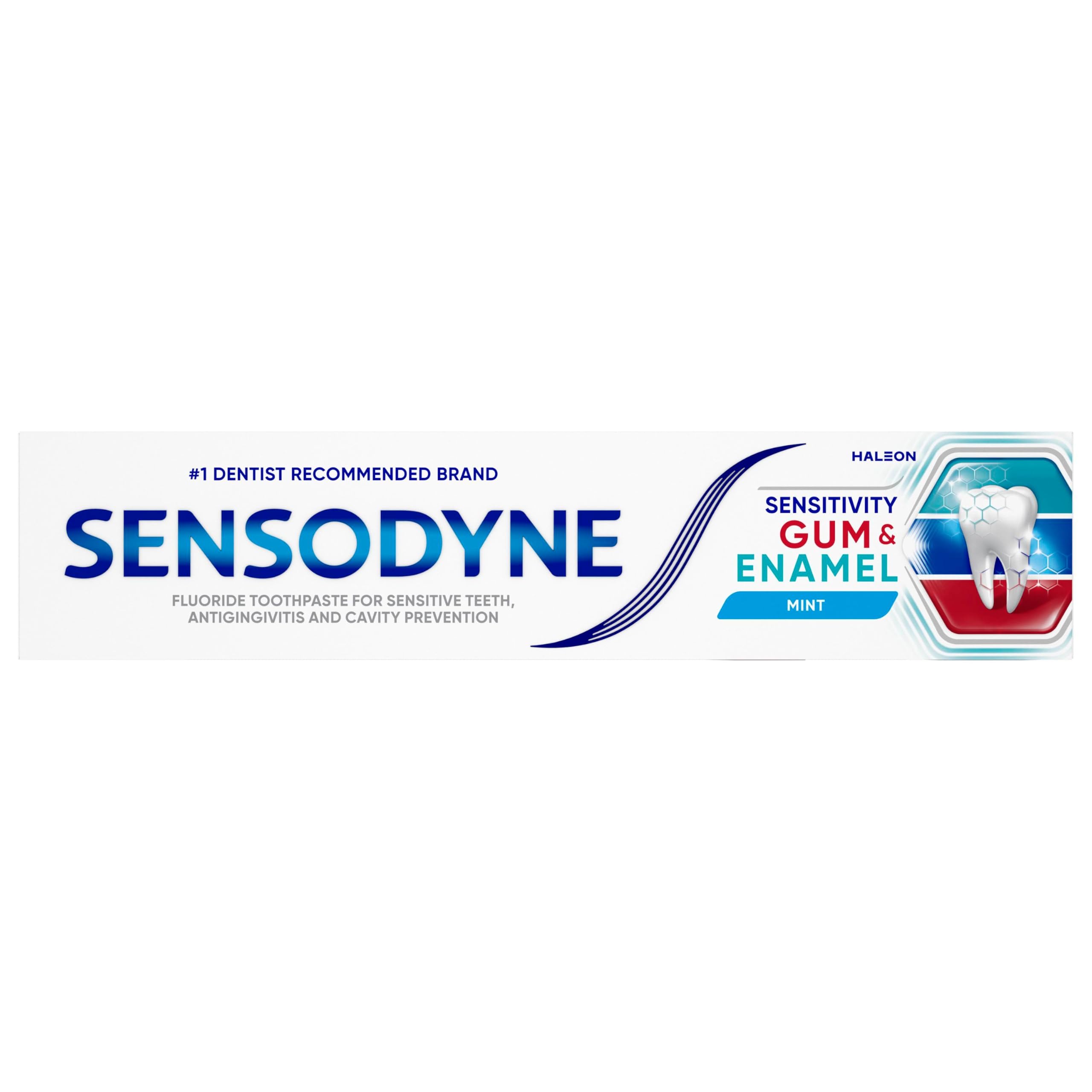Person using Sensodyne at a bathroom sink showing routine use and gum-support benefit