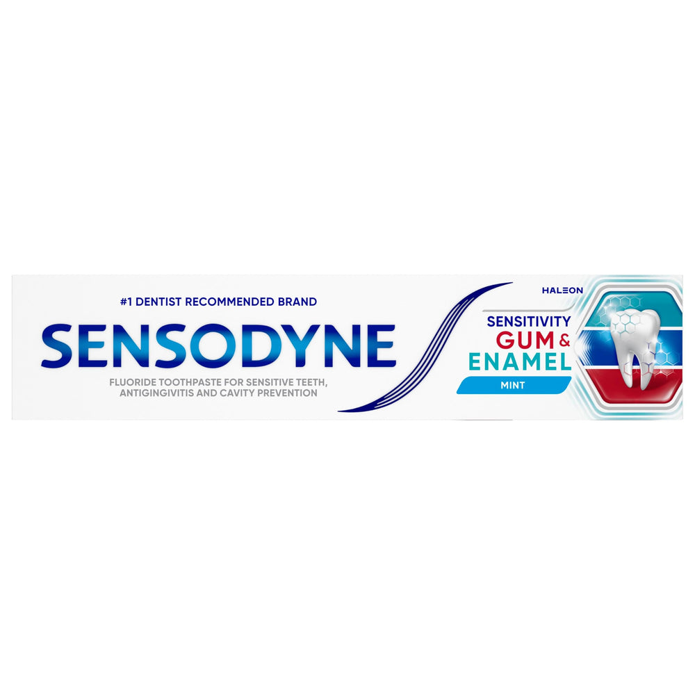Person using Sensodyne at a bathroom sink showing routine use and gum-support benefit