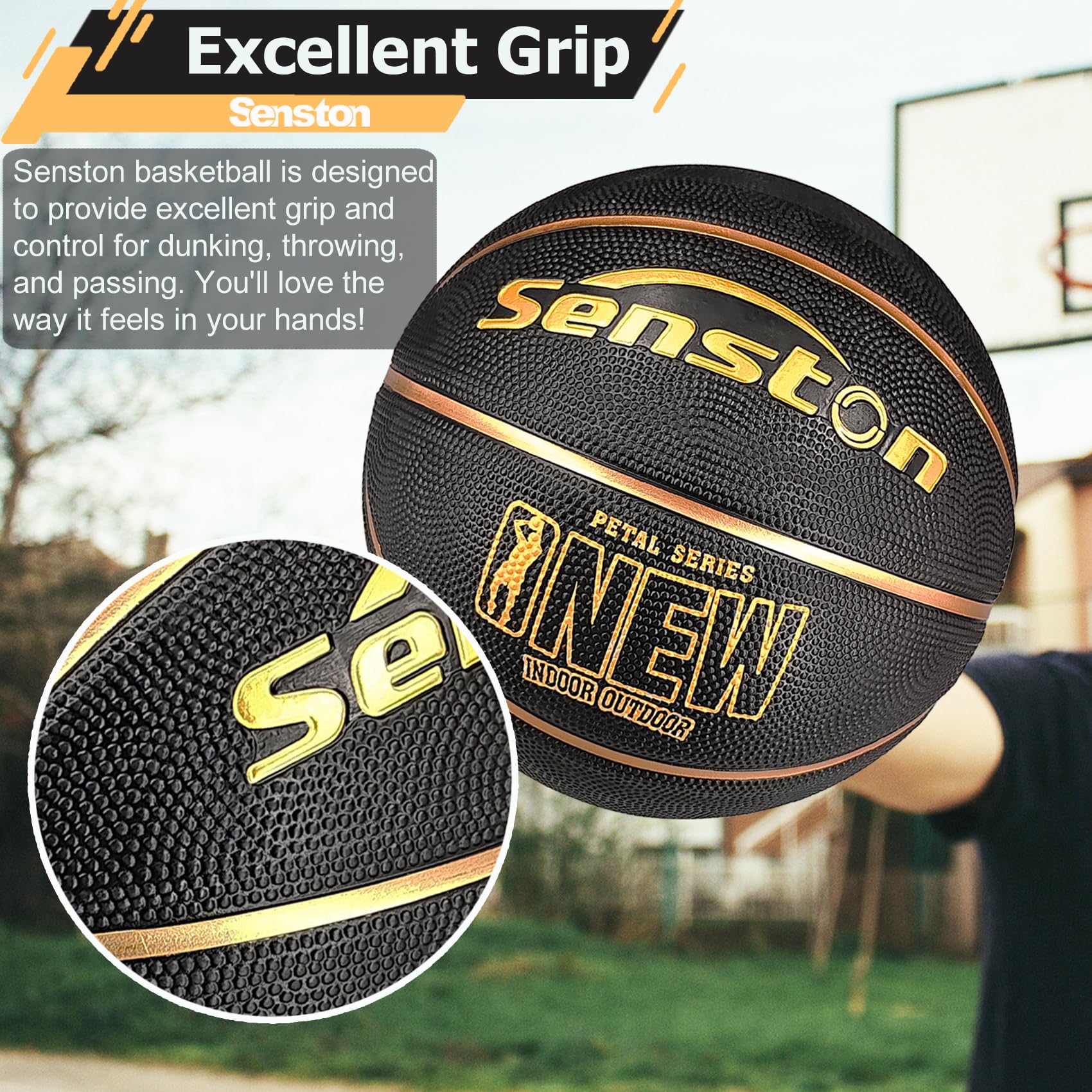 Senston basketball in hand demonstrating confident dribbling control