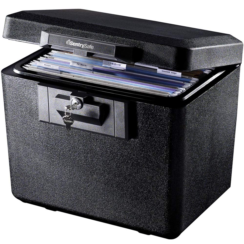 SentrySafe front view showing black fireproof document box protecting valuables