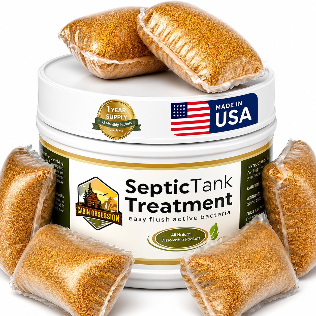 SEPTIC TREATMENT BY CABIN OBSESSION front packaging showing 12 packets and benefits