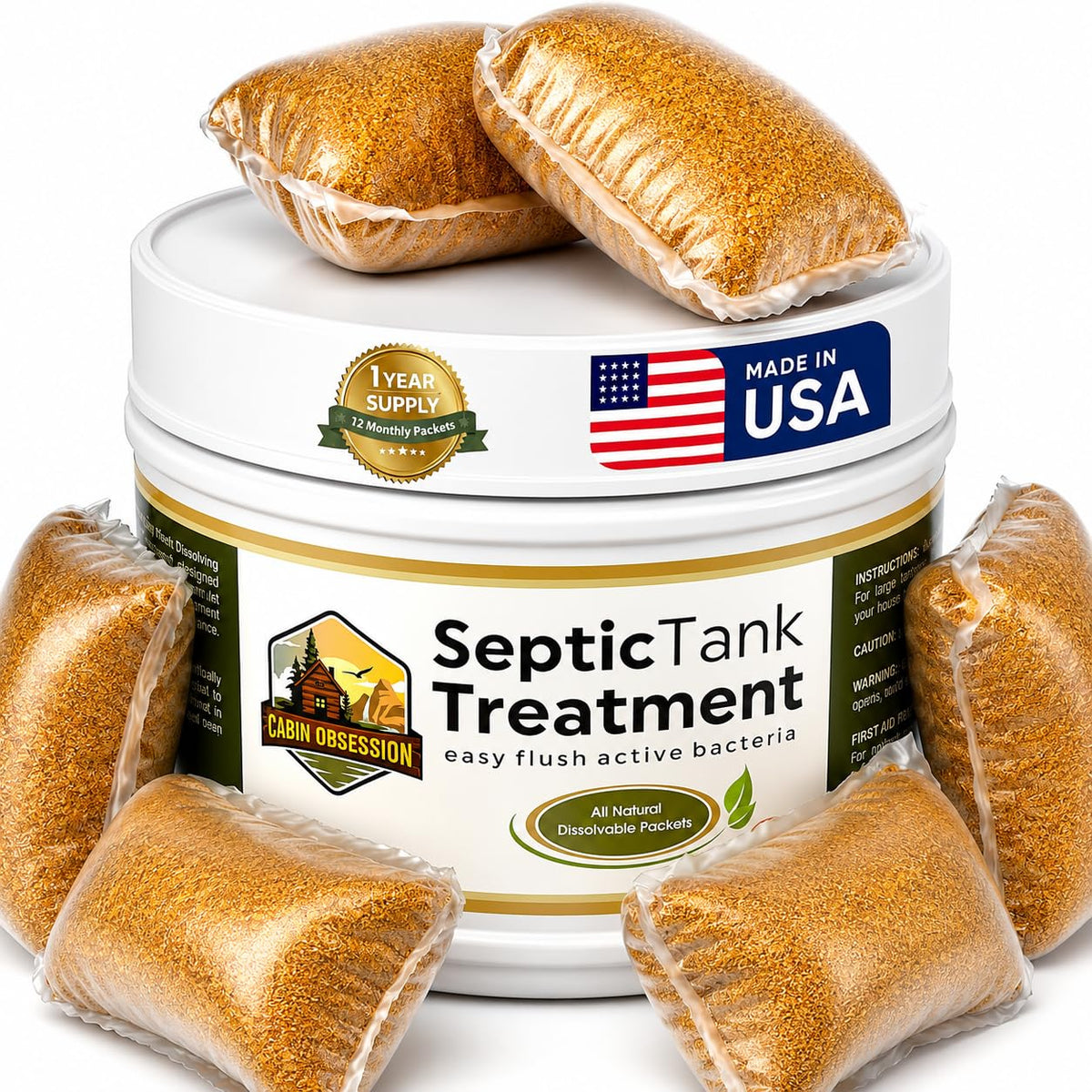 SEPTIC TREATMENT BY CABIN OBSESSION front packaging showing 12 packets and benefits