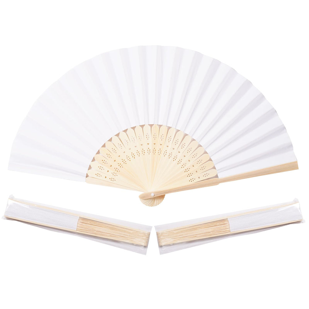 Sepwedd front view of fan pack showing white paper and bamboo handles, ready for events