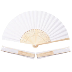 Sepwedd front view of fan pack showing white paper and bamboo handles, ready for events