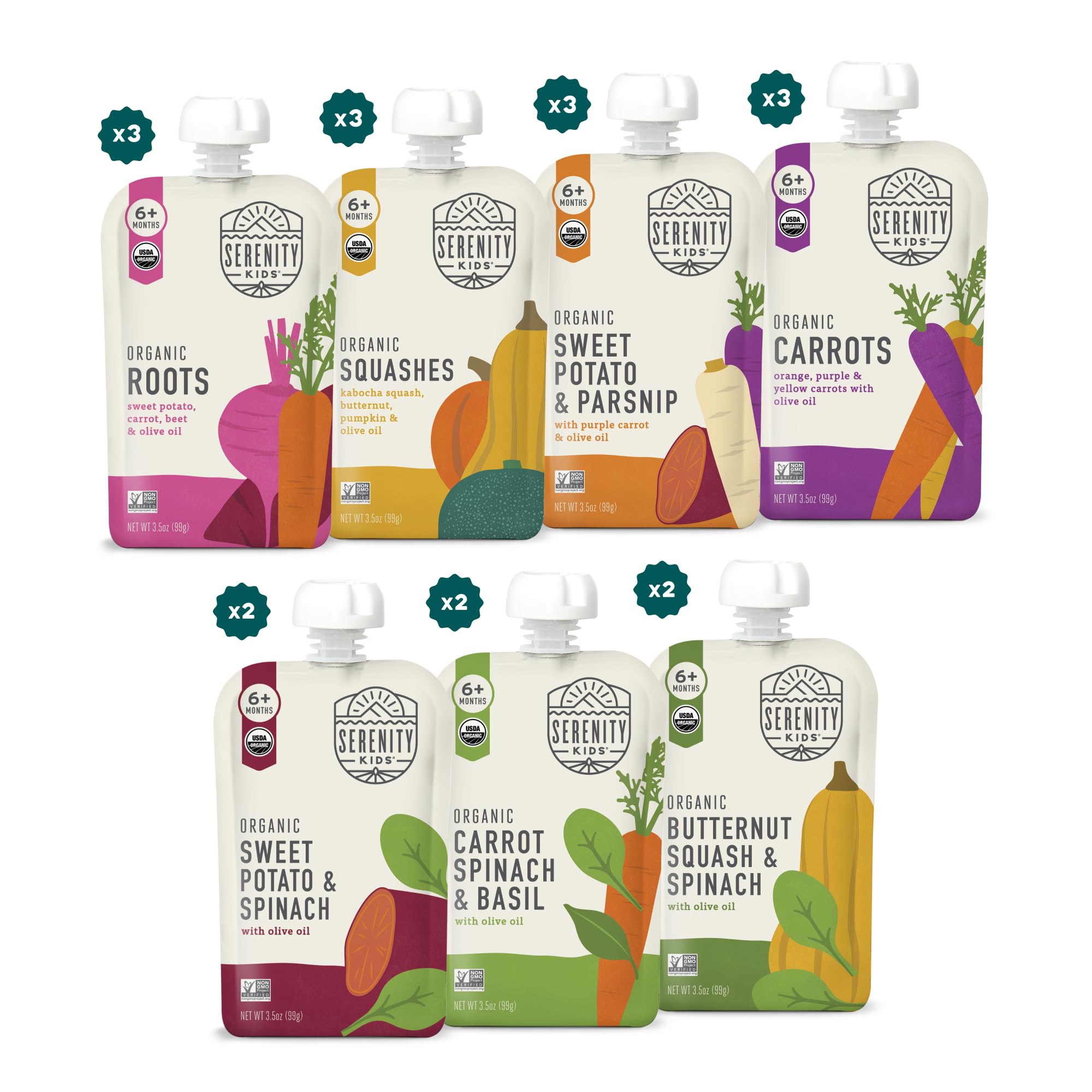 Serenity Kids front packaging showing 18-pack and organic labeling, convenient storage benefit