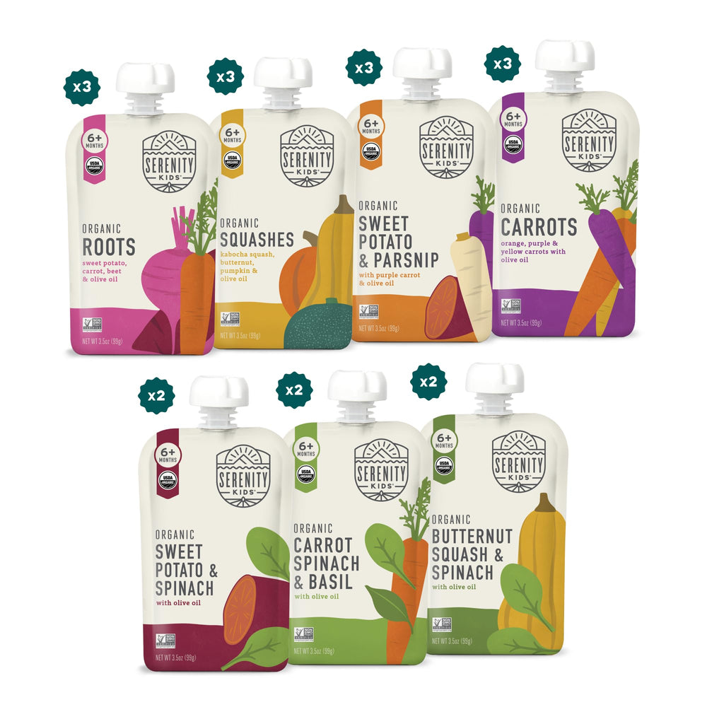 Serenity Kids front packaging showing 18-pack and organic labeling, convenient storage benefit