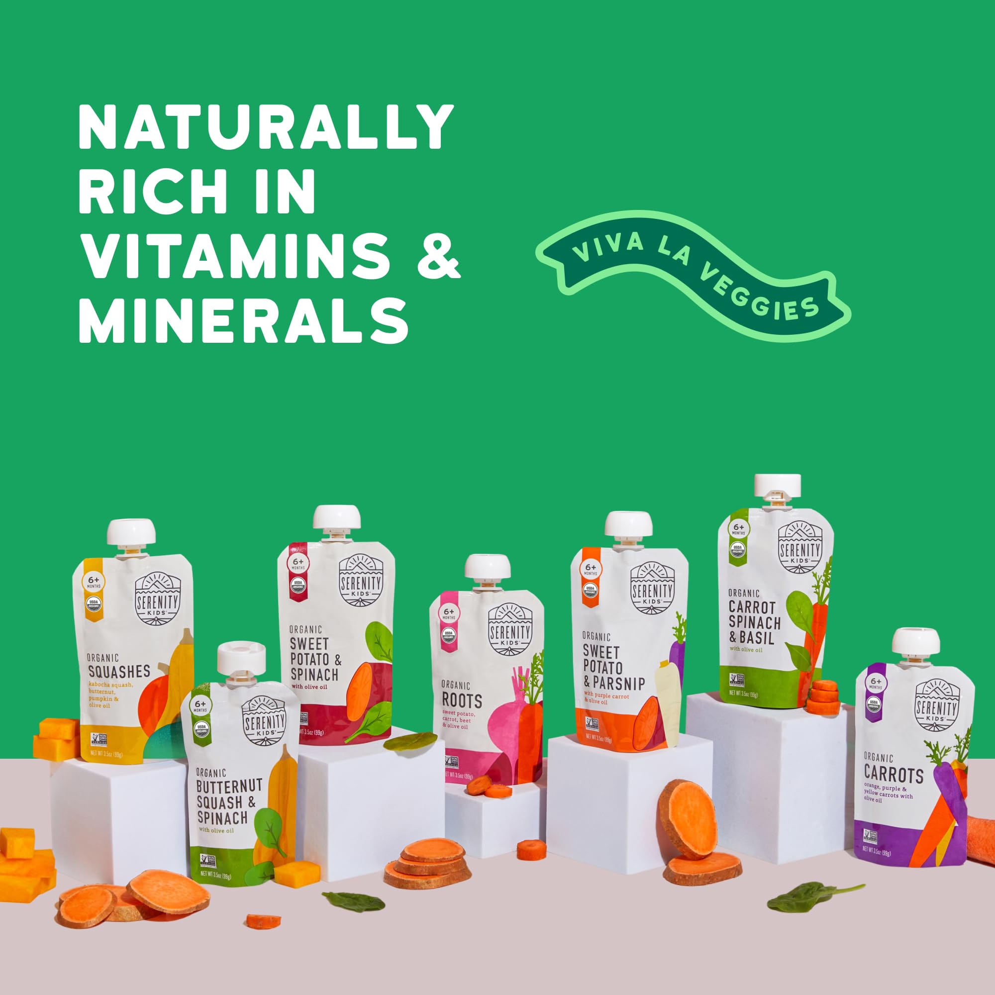 Arrangement of organic spinach and squash used in Serenity Kids pouches, freshness benefit