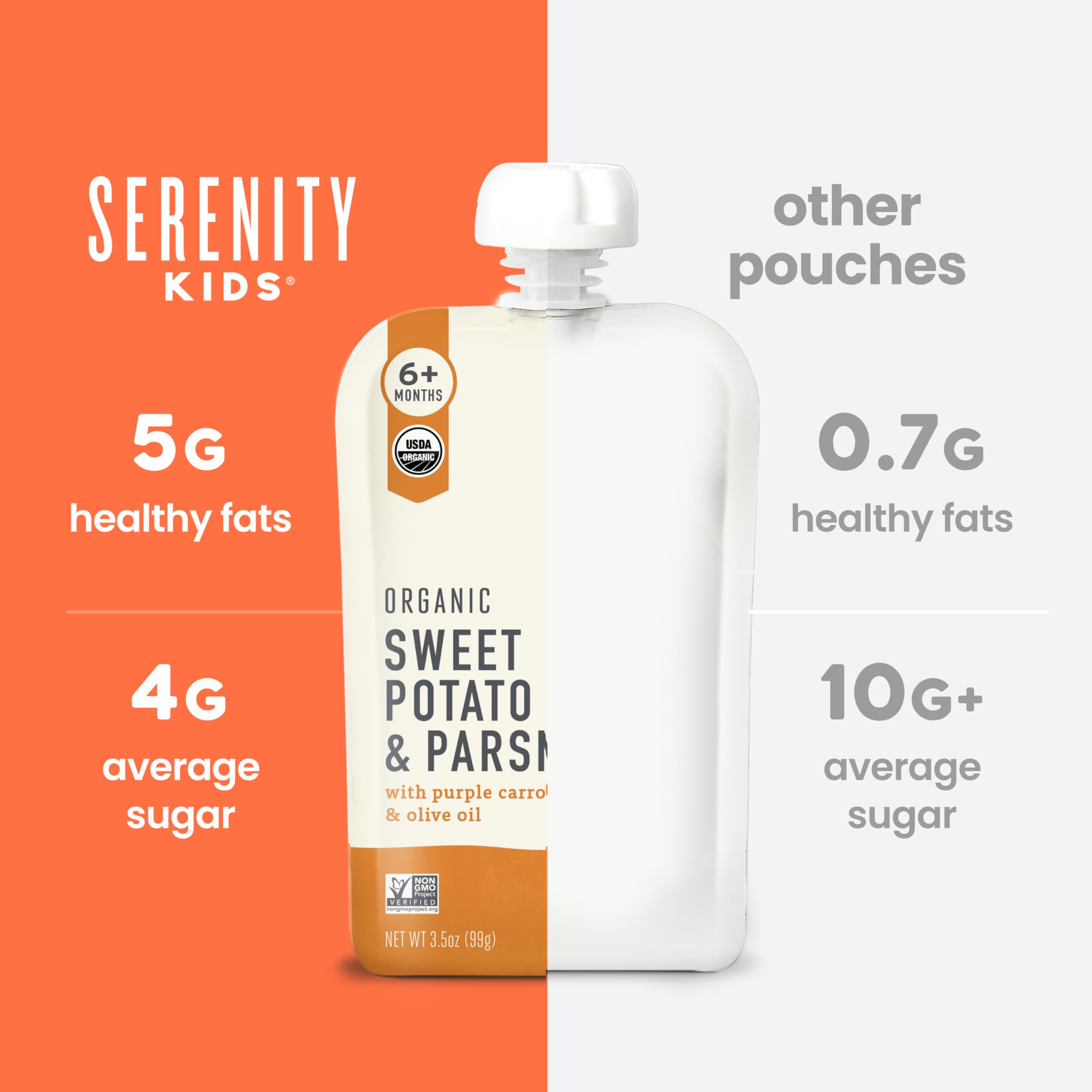 Serenity Kids pouch held in adult hand for size comparison, portion control benefit