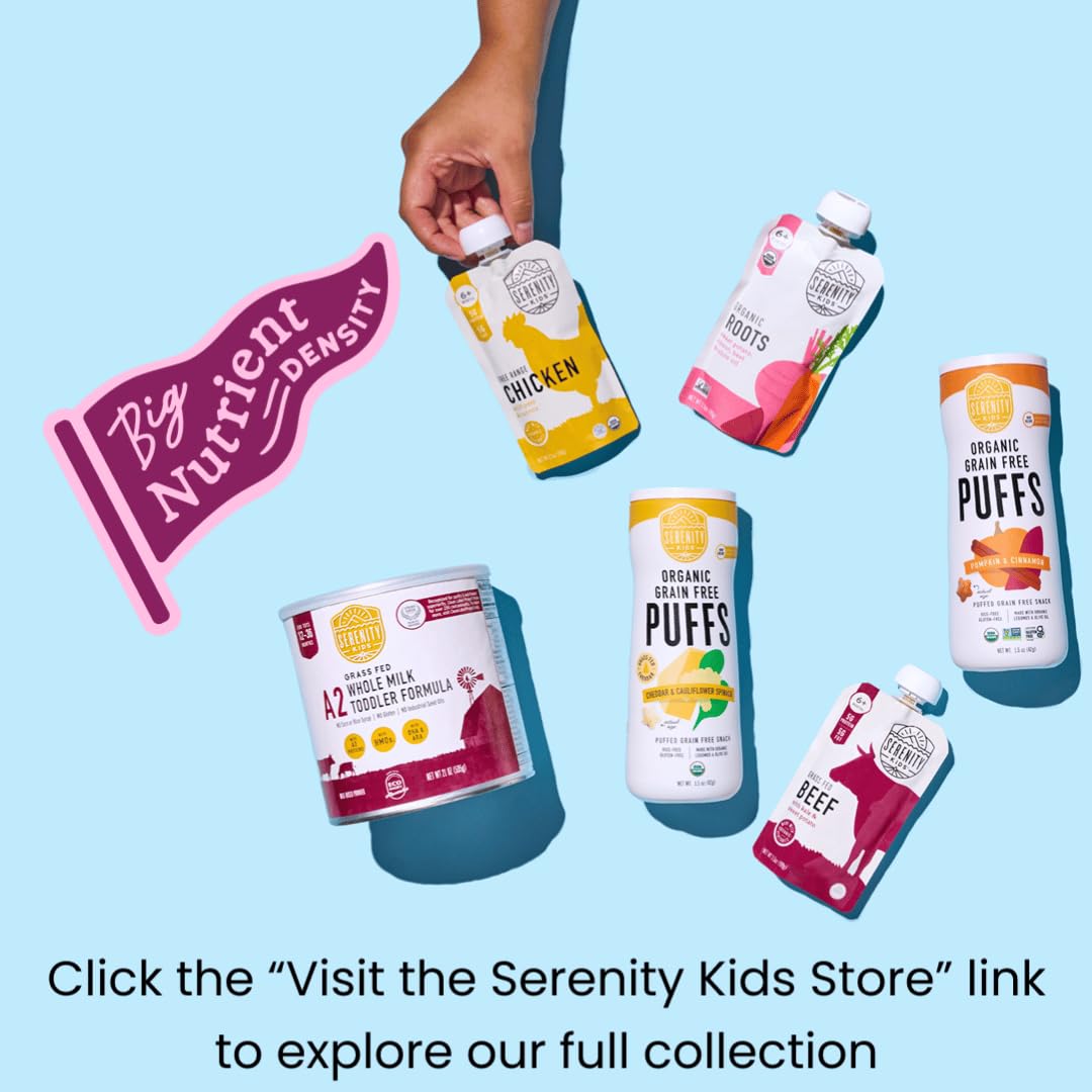 Toddler eating from a Serenity Kids pouch in stroller, mess-free feeding benefit