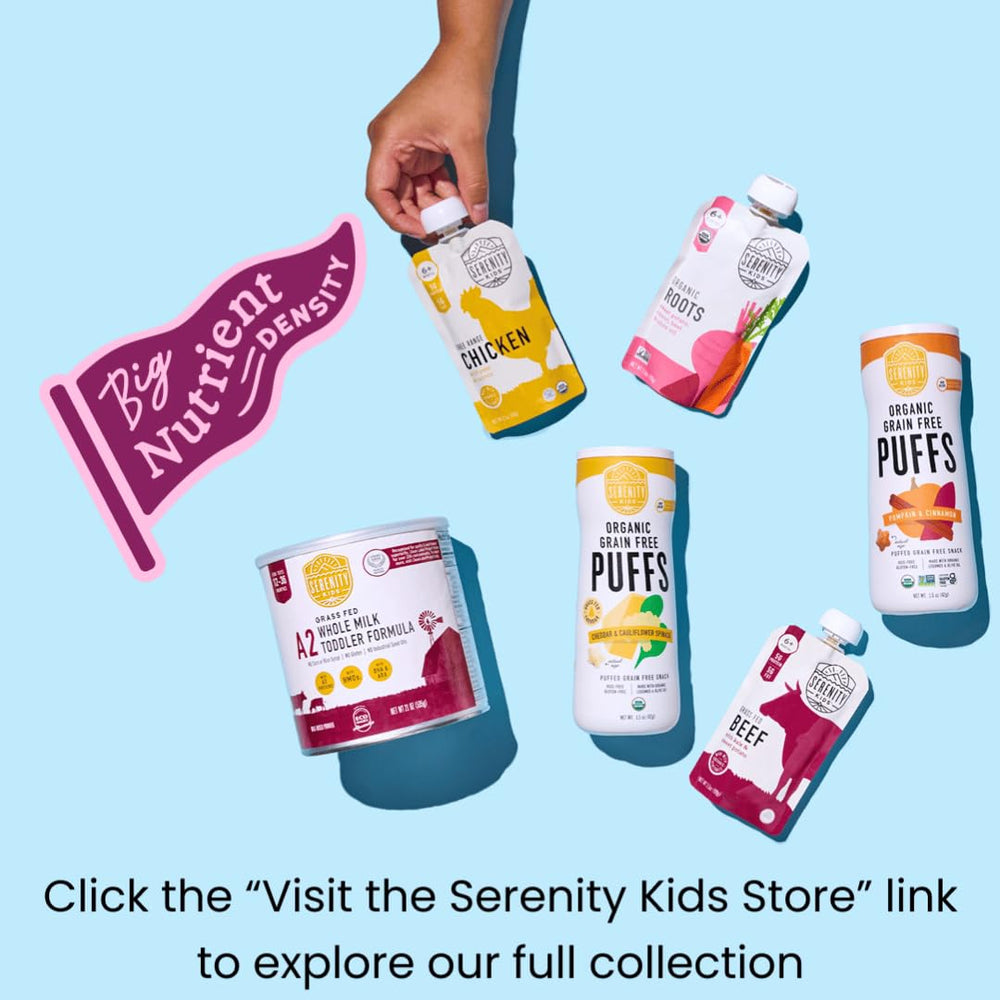 Toddler eating from a Serenity Kids pouch in stroller, mess-free feeding benefit