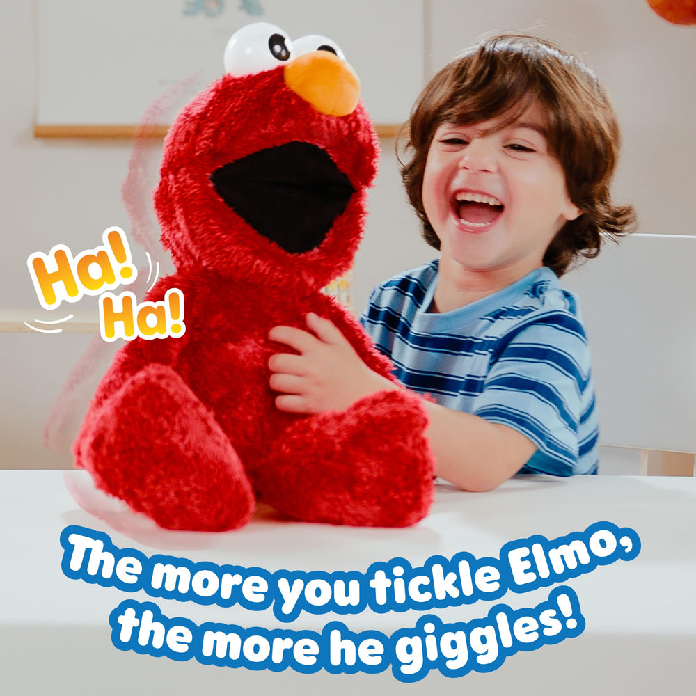 Sesame Street Elmo mid-giggle showing arm-flapping action to entertain kids