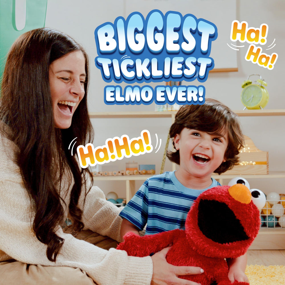 Sesame Street Elmo beside a ruler showing 18-inch scale for size clarity