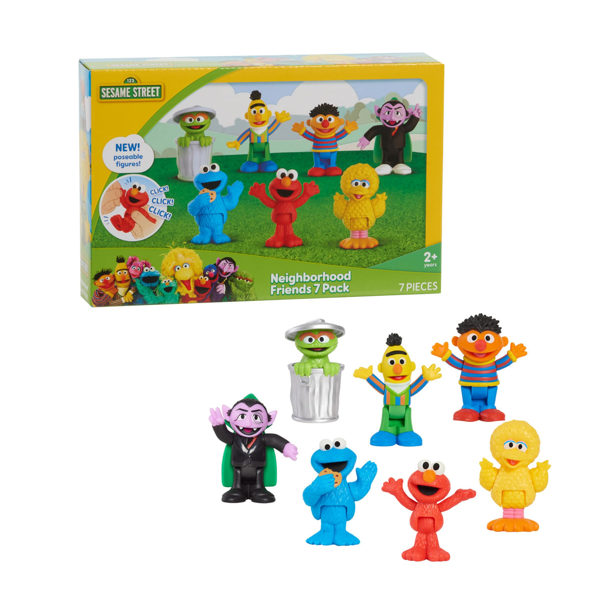 Sesame Street front packaging showing all seven poseable figures and clear window for quick selection