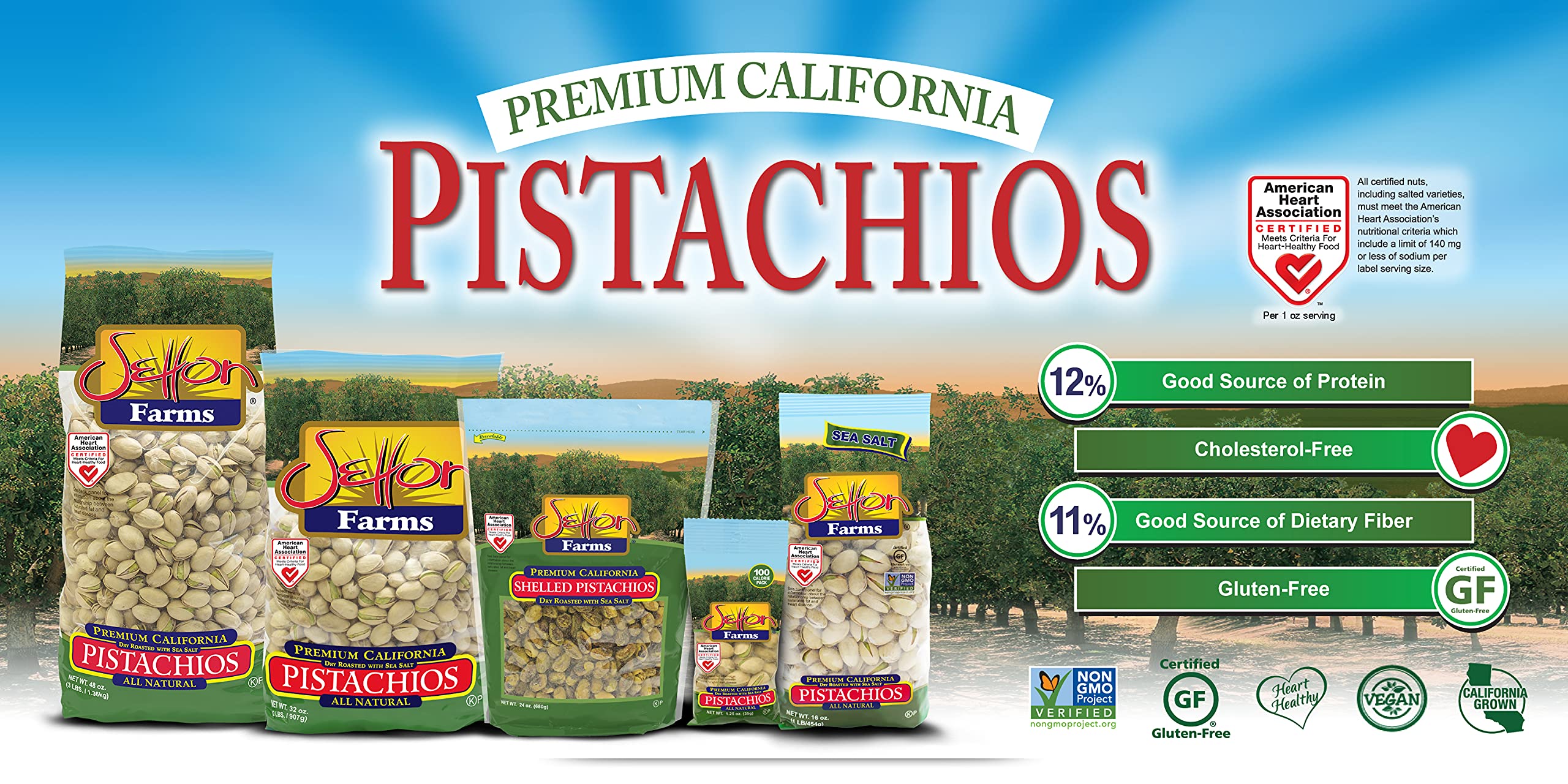 Setton Farms nutrition label and certifications showing verified quality