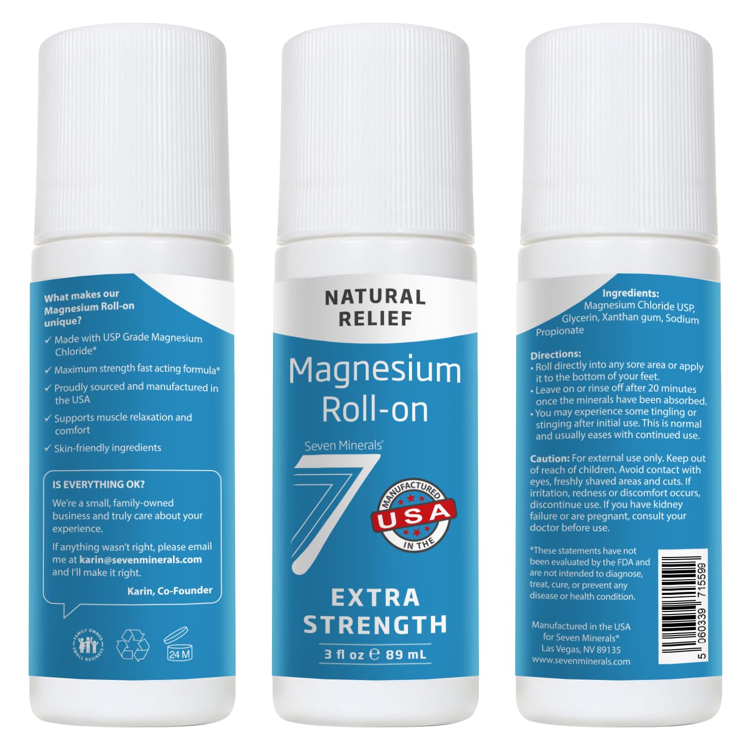 Seven Minerals size scale with hand illustrating portable 3 fl oz convenience