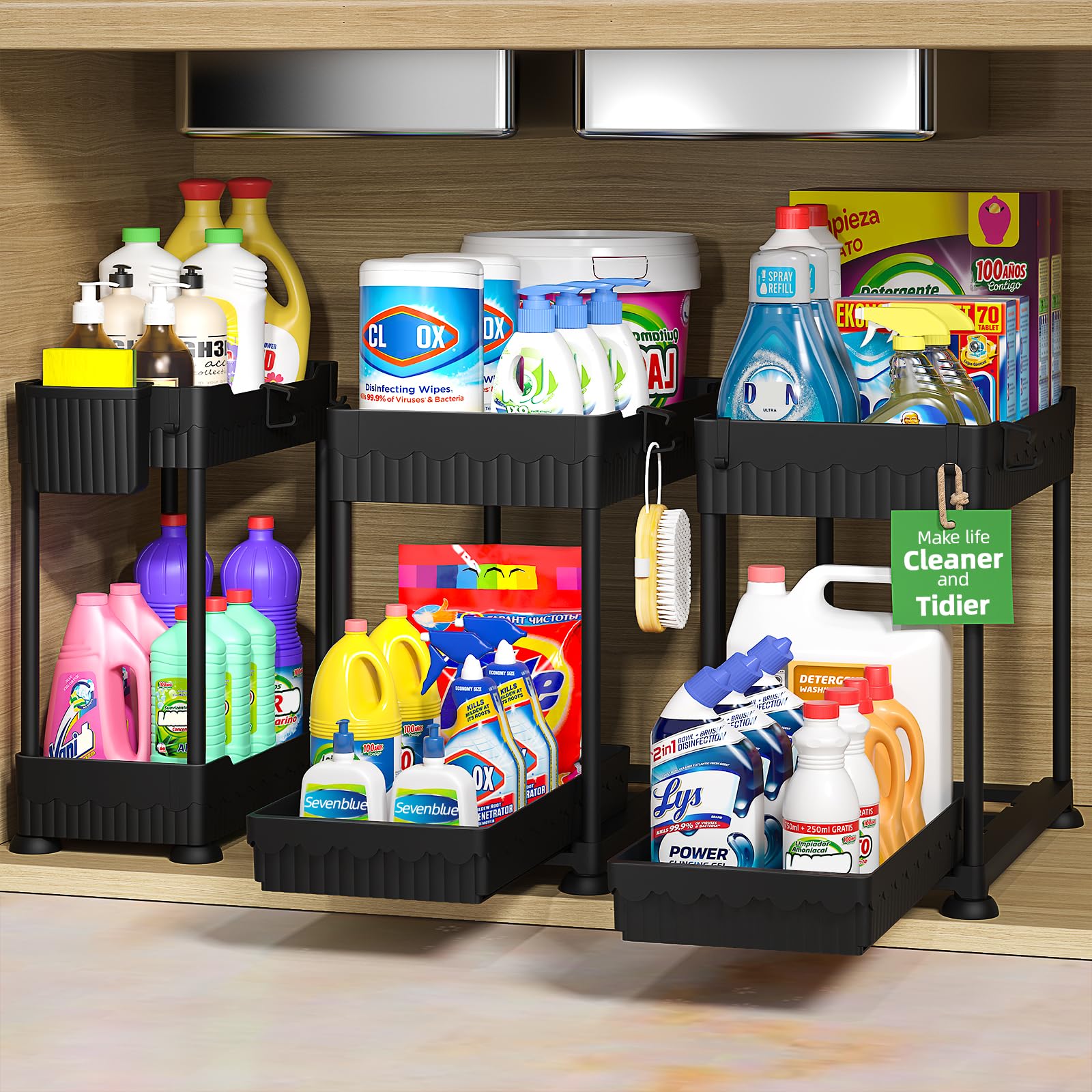 Sevenblue front view of organizer showing two tiers and stable frame for better cabinet order
