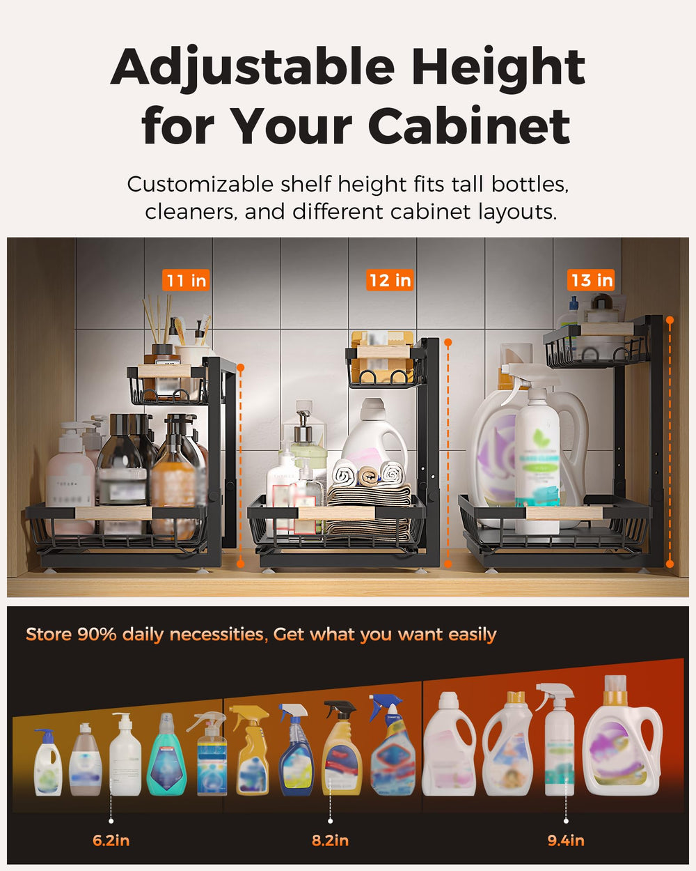 Sevenblue in use with cleaning bottles on shelves for organized under-sink storage