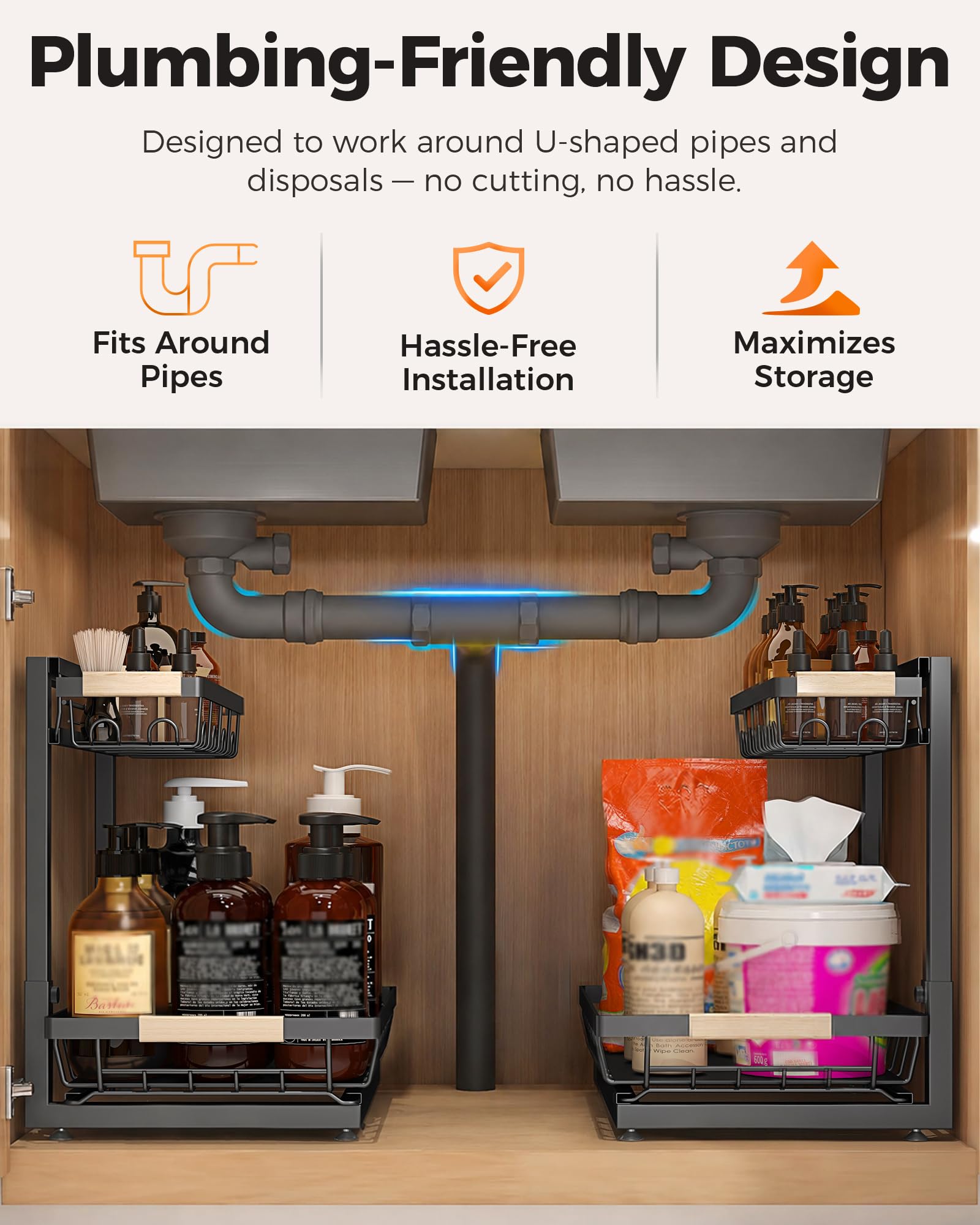 Sevenblue L-shaped top shelf demonstrating plumbing clearance and under-sink fit