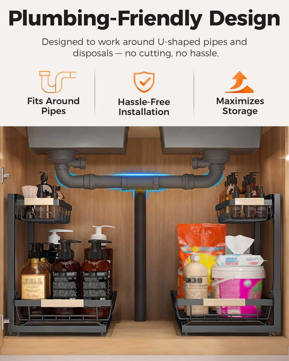 Sevenblue L-shaped top shelf demonstrating plumbing clearance and under-sink fit