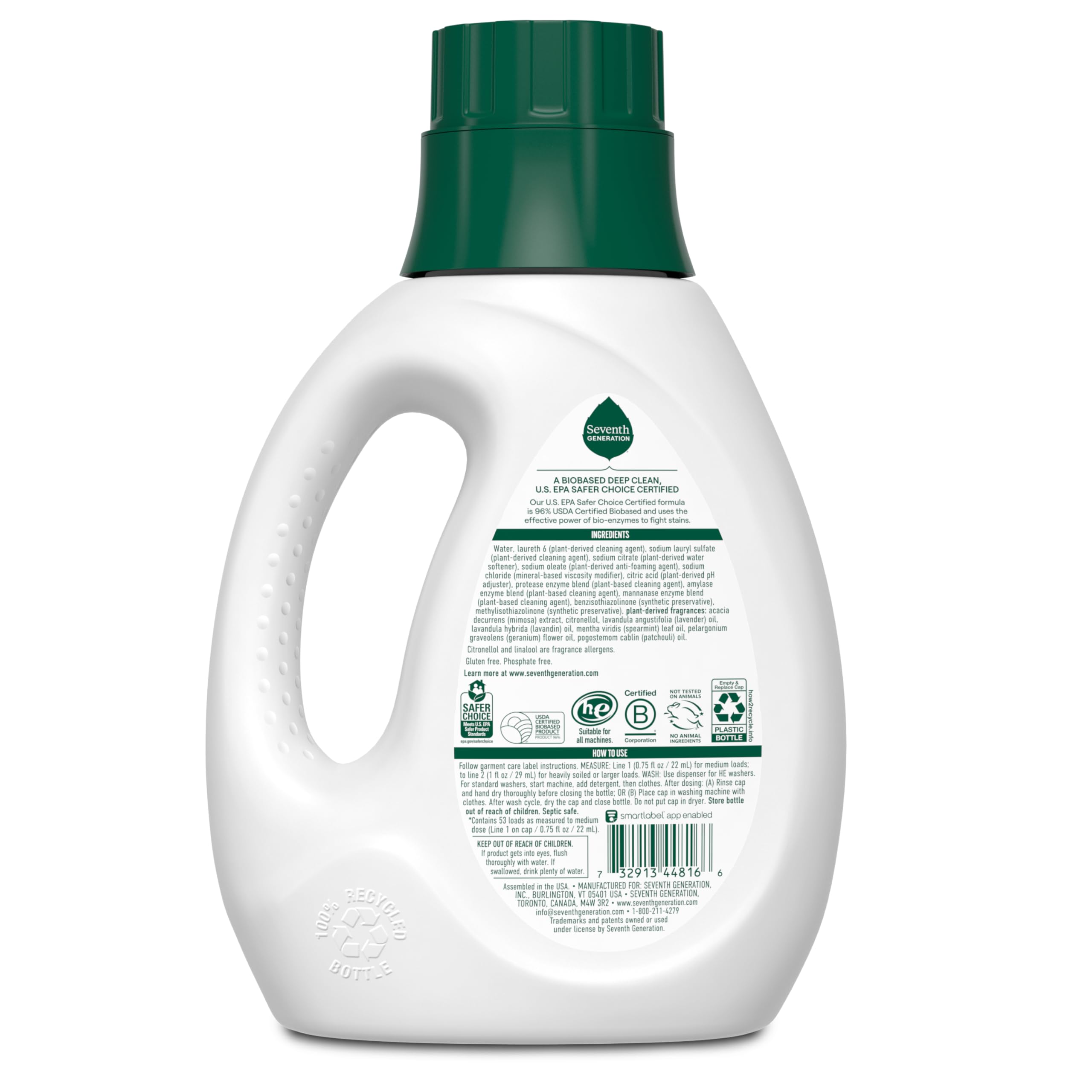 Seventh Generation label close-up highlighting plant-based ingredients and certifications