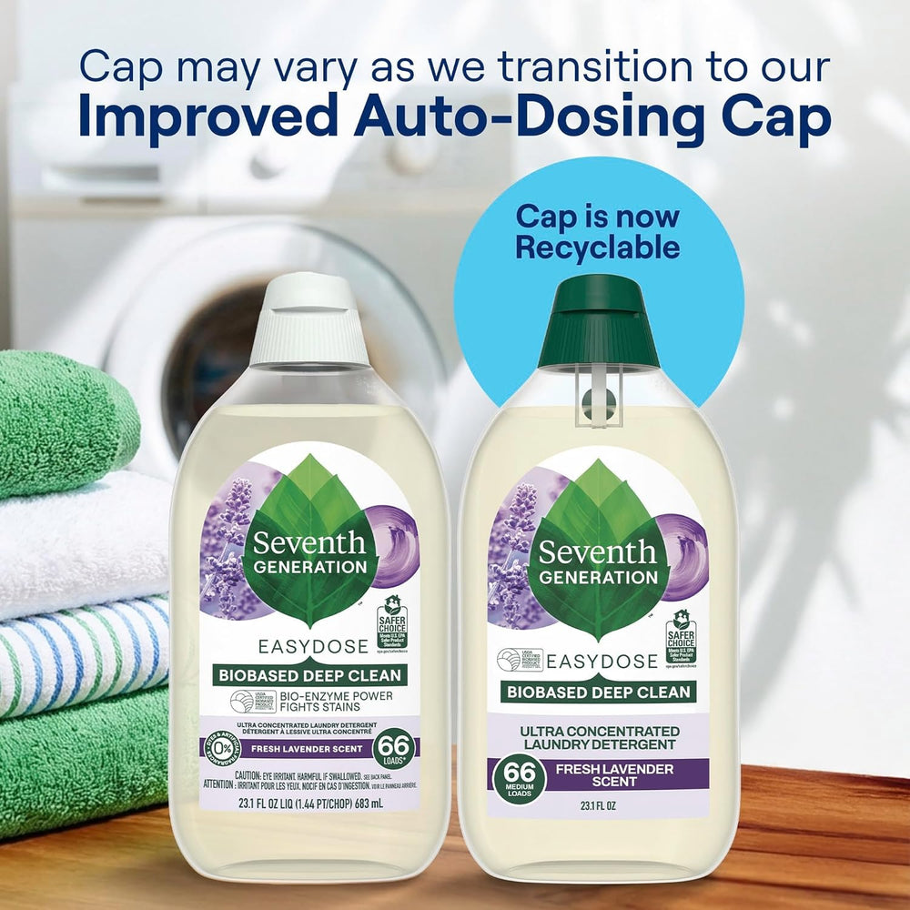 Seventh Generation bottle in use squeezing exact dose into washer for mess-free laundry