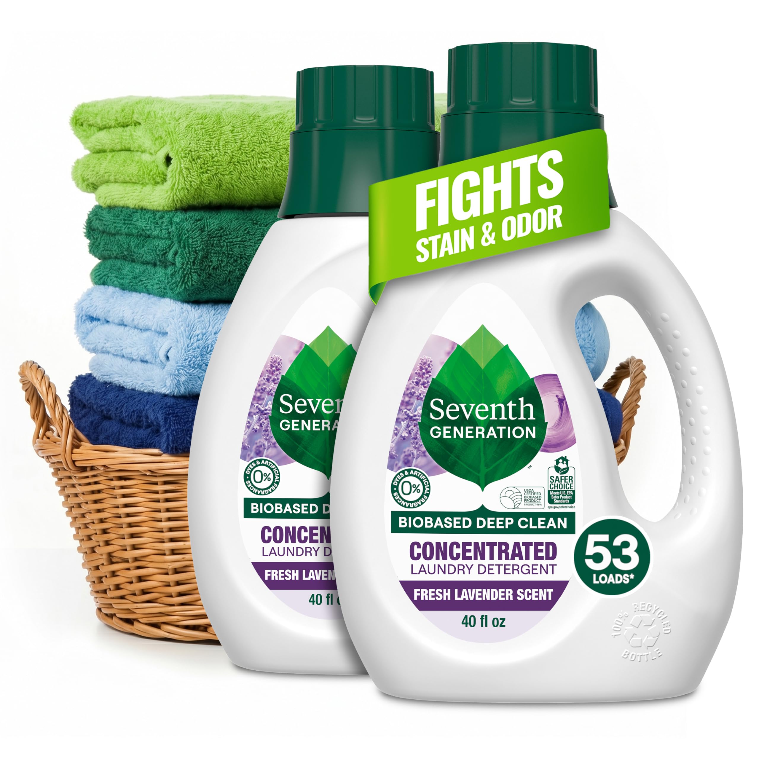 Seventh Generation front packaging showing Fresh Lavender and two 40 oz bottles for efficiency