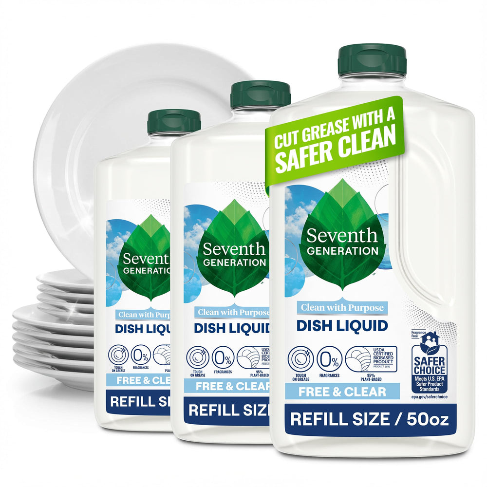 Seventh Generation front packaging showing three refill bottles and plant-based benefit