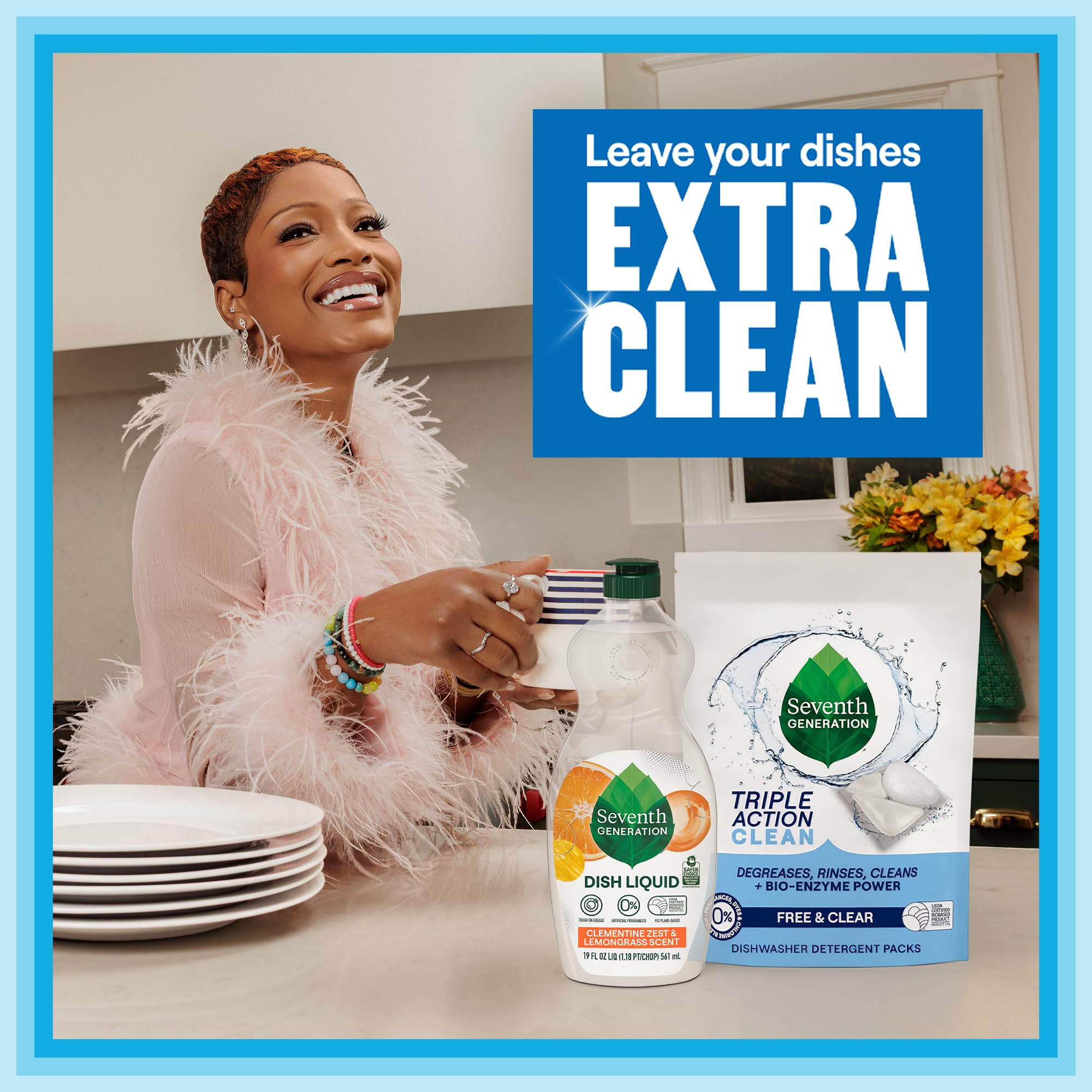 Seventh Generation poured into kitchen dispenser for easy refill and reduced waste benefit