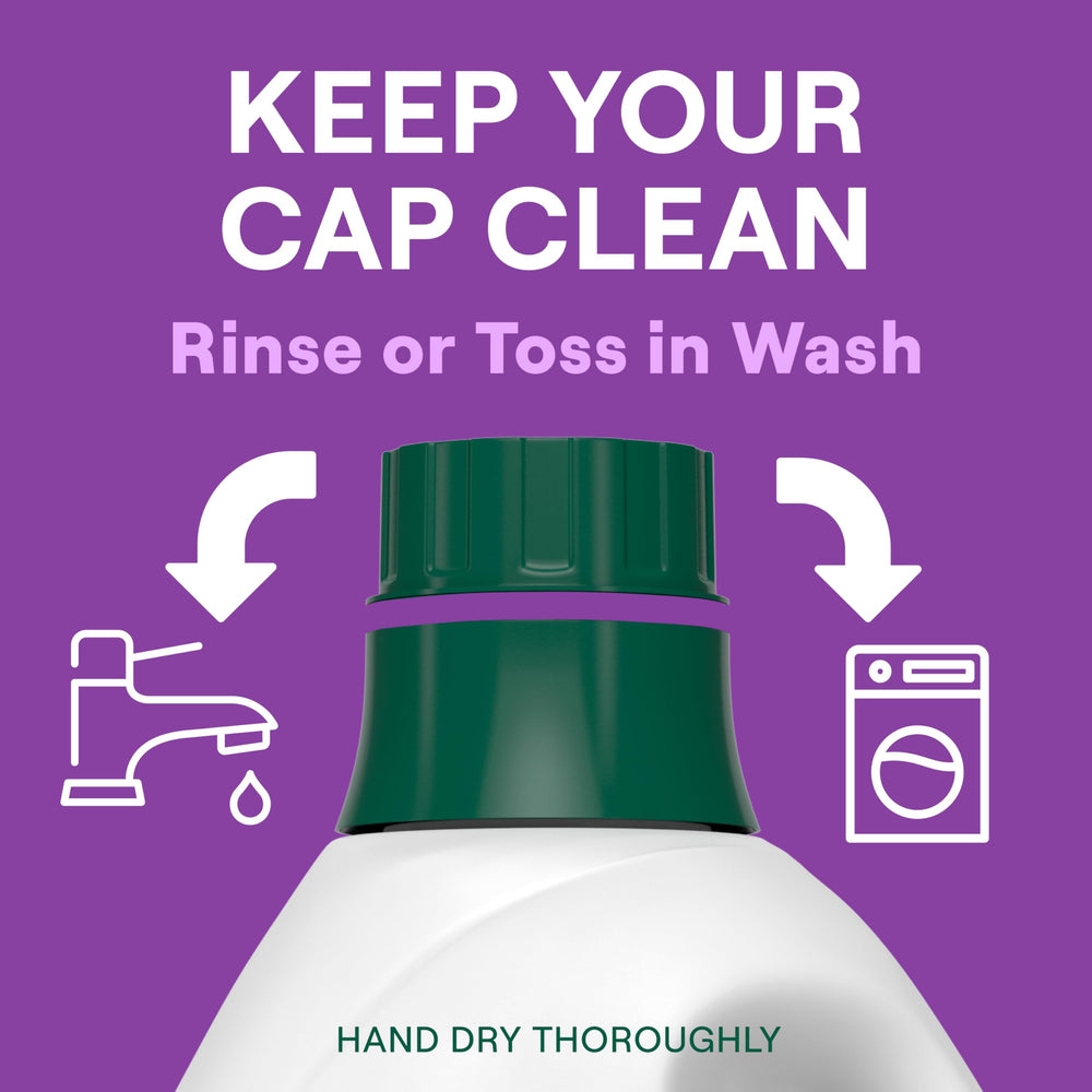 Seventh Generation bottles on bathroom shelf conveying sustainable laundry routine benefits