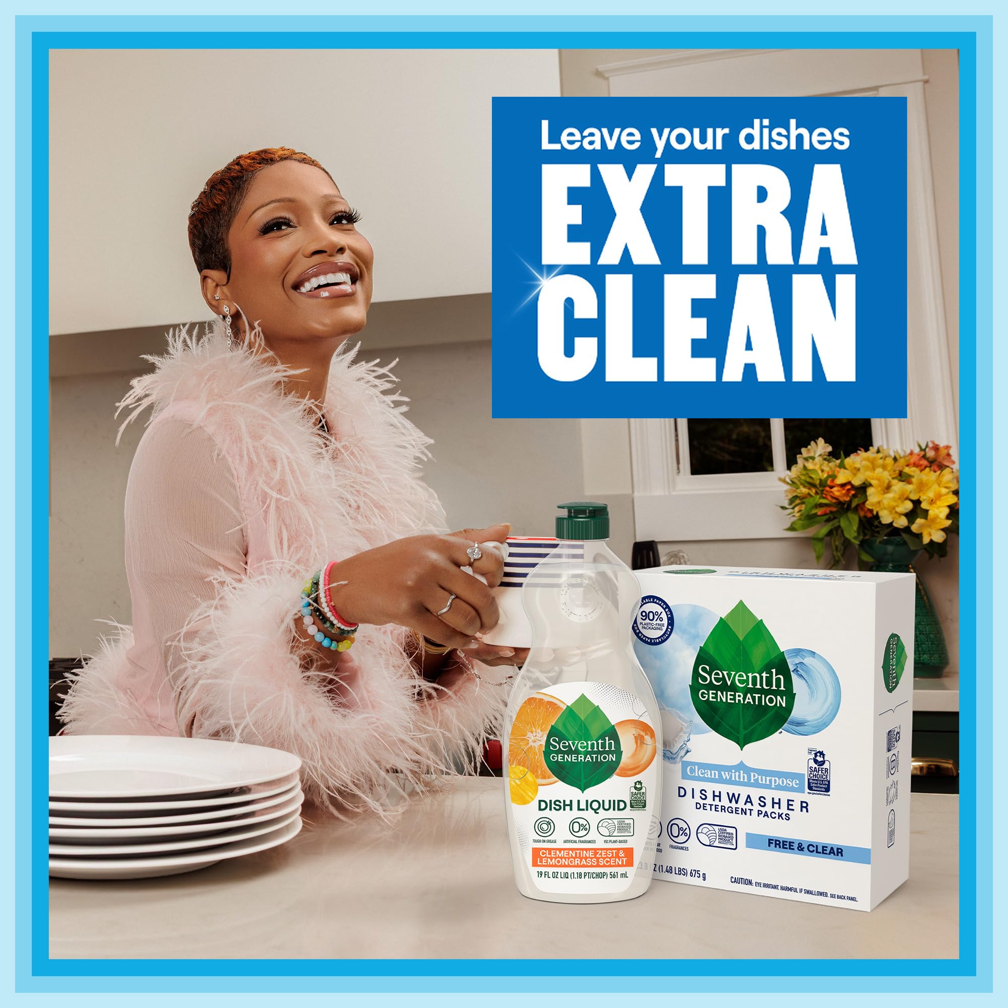 Seventh Generation sparkling dishes after wash demonstrating grease-free results
