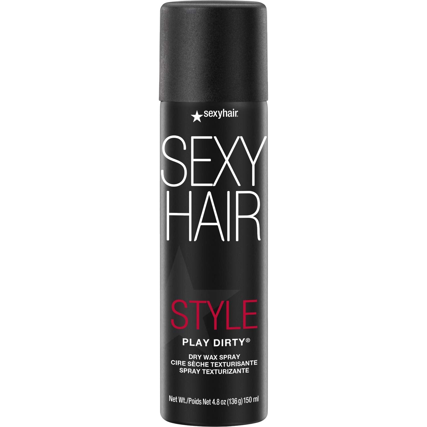 SexyHair front packaging showing 4.8 oz can and branding benefits