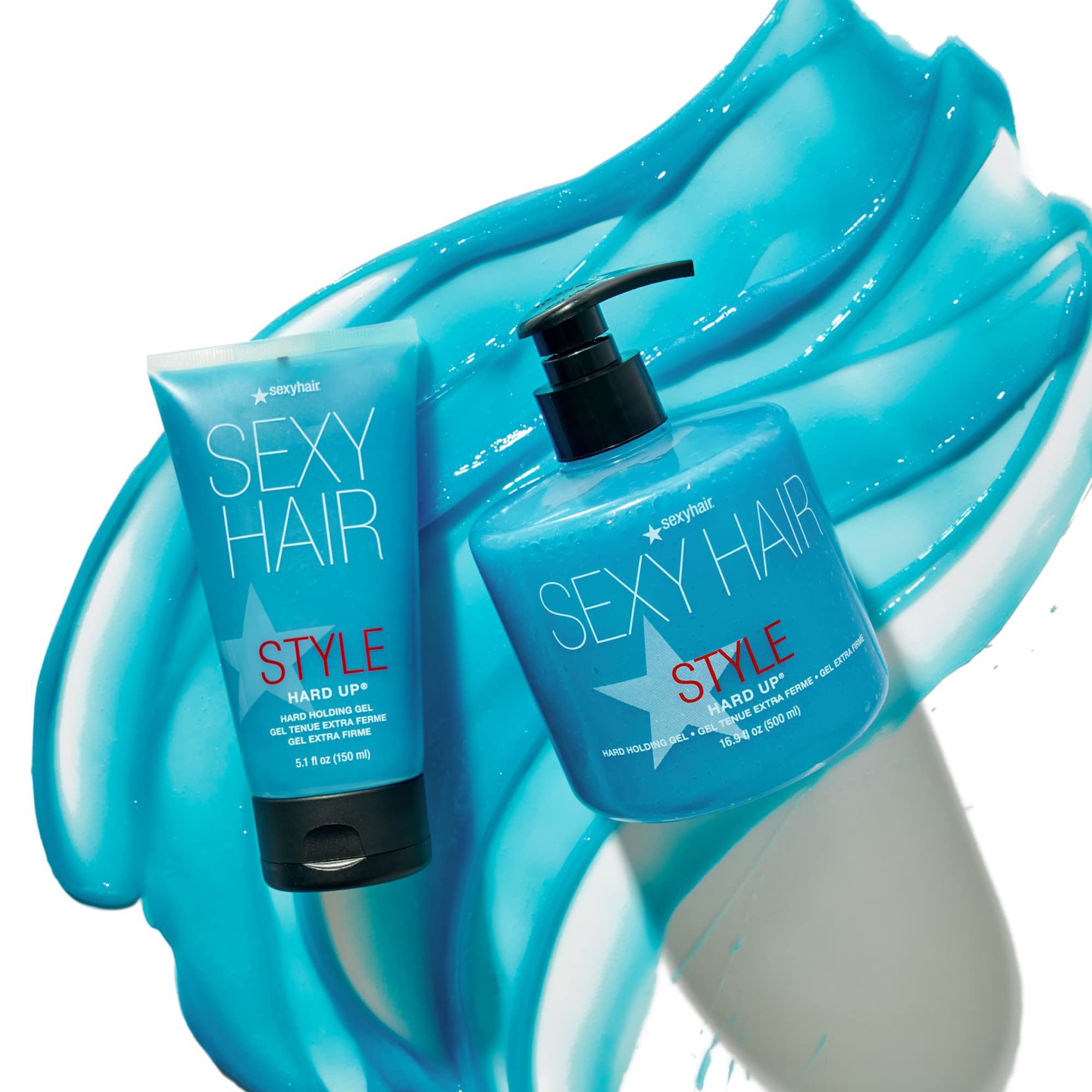 SexyHair Hard Up next to ruler showing 5.1 fl oz size and travel-friendly benefit