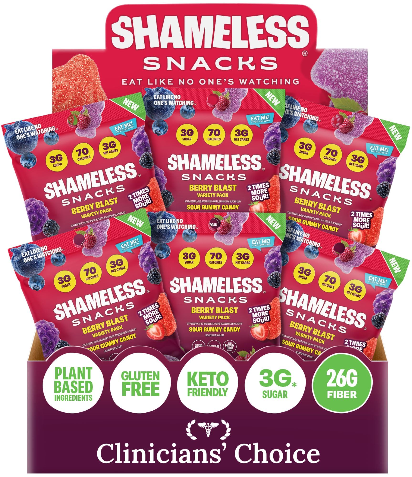 Shameless front packaging showing Berry Blast variety and portioned bags for convenience