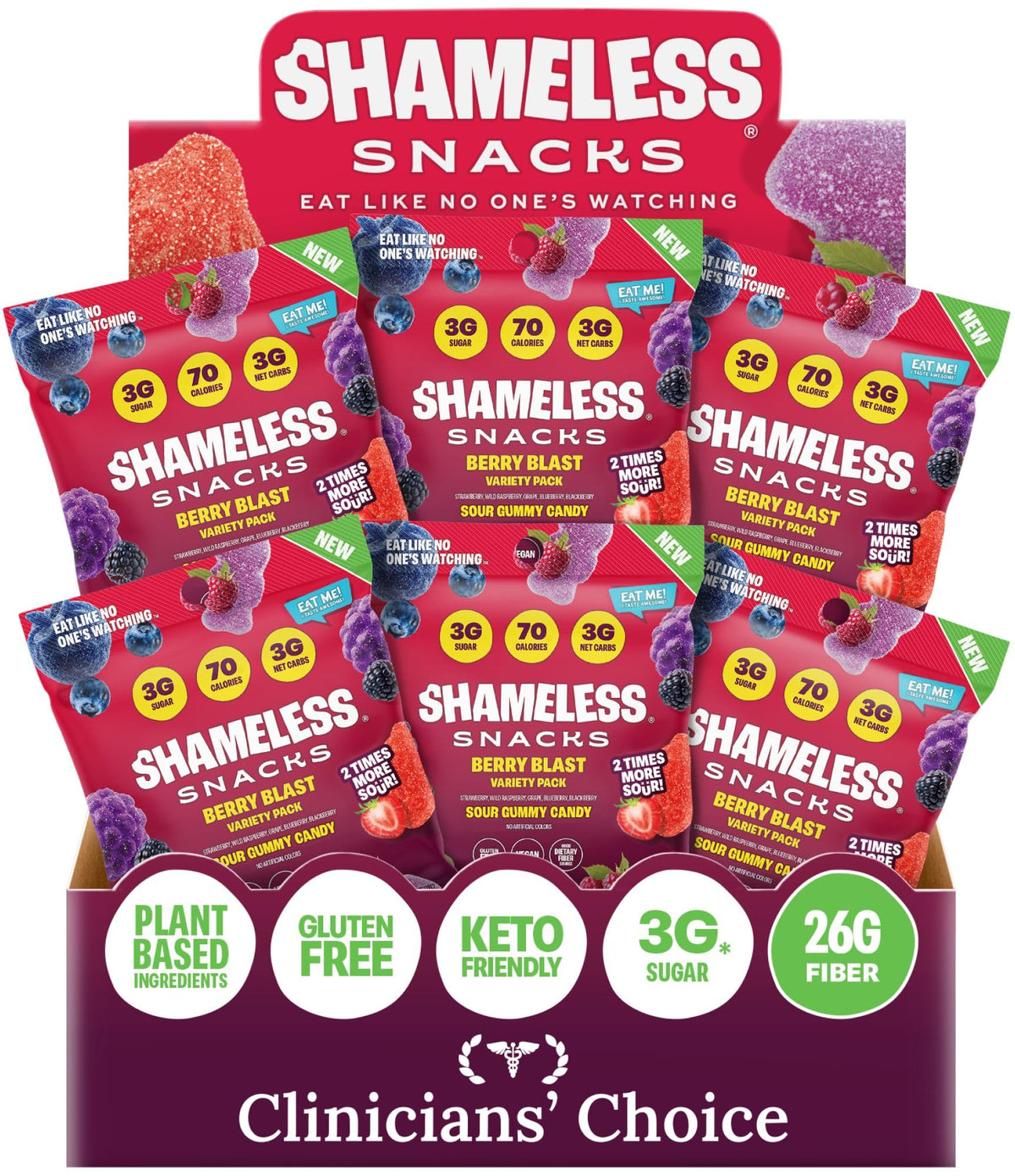 Shameless front packaging showing Berry Blast variety and portioned bags for convenience